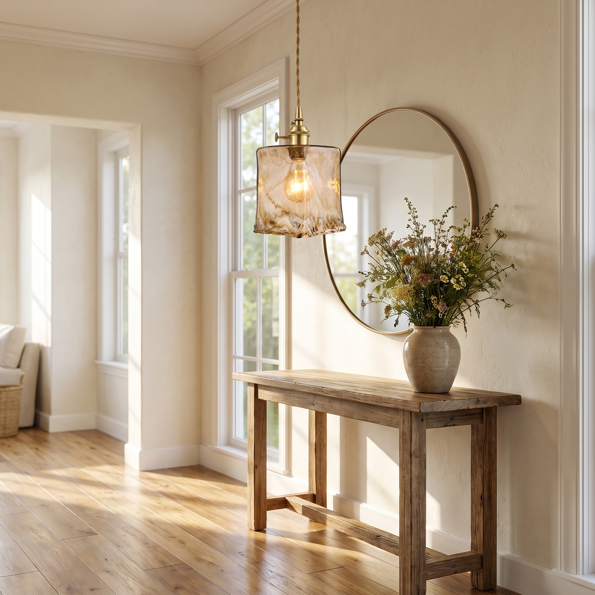 Amber cylinder pendant light over an entryway console