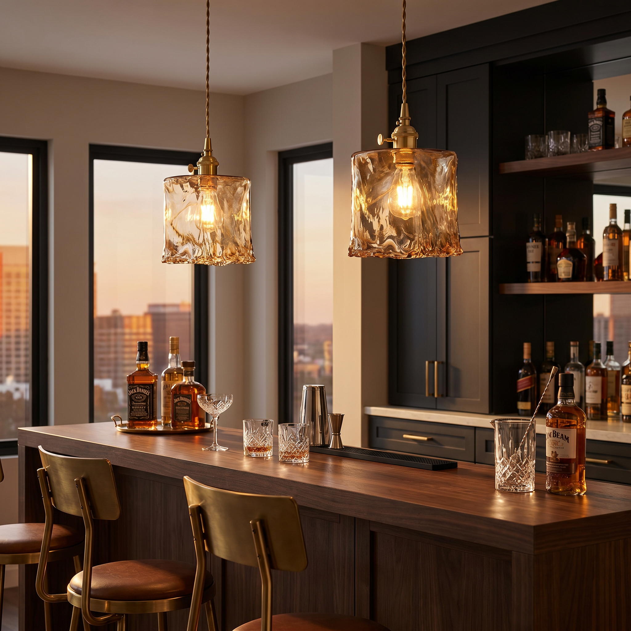 Pair of amber cylinder pendant lights over a home bar
