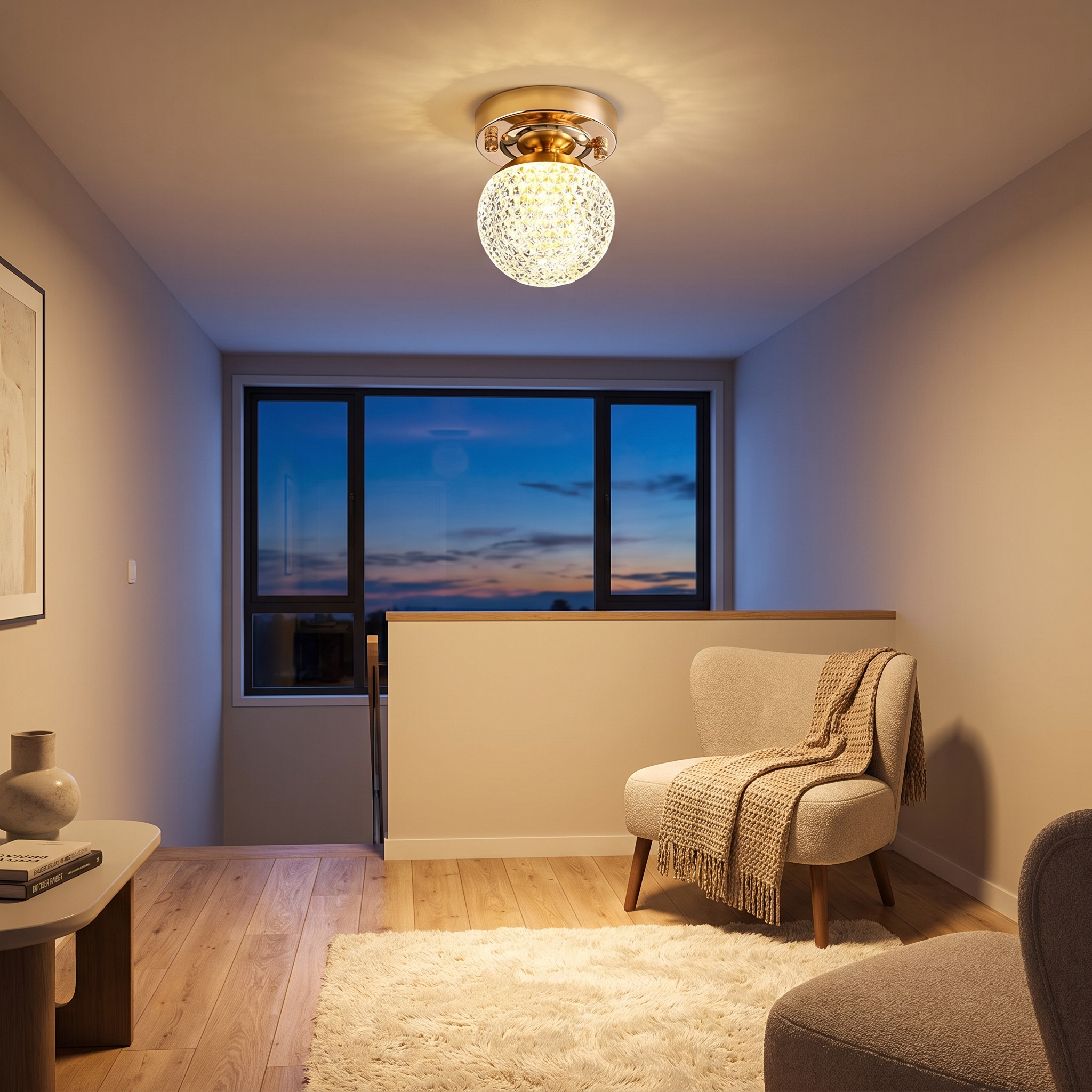 Crystal ball ceiling light in a bedroom at dusk