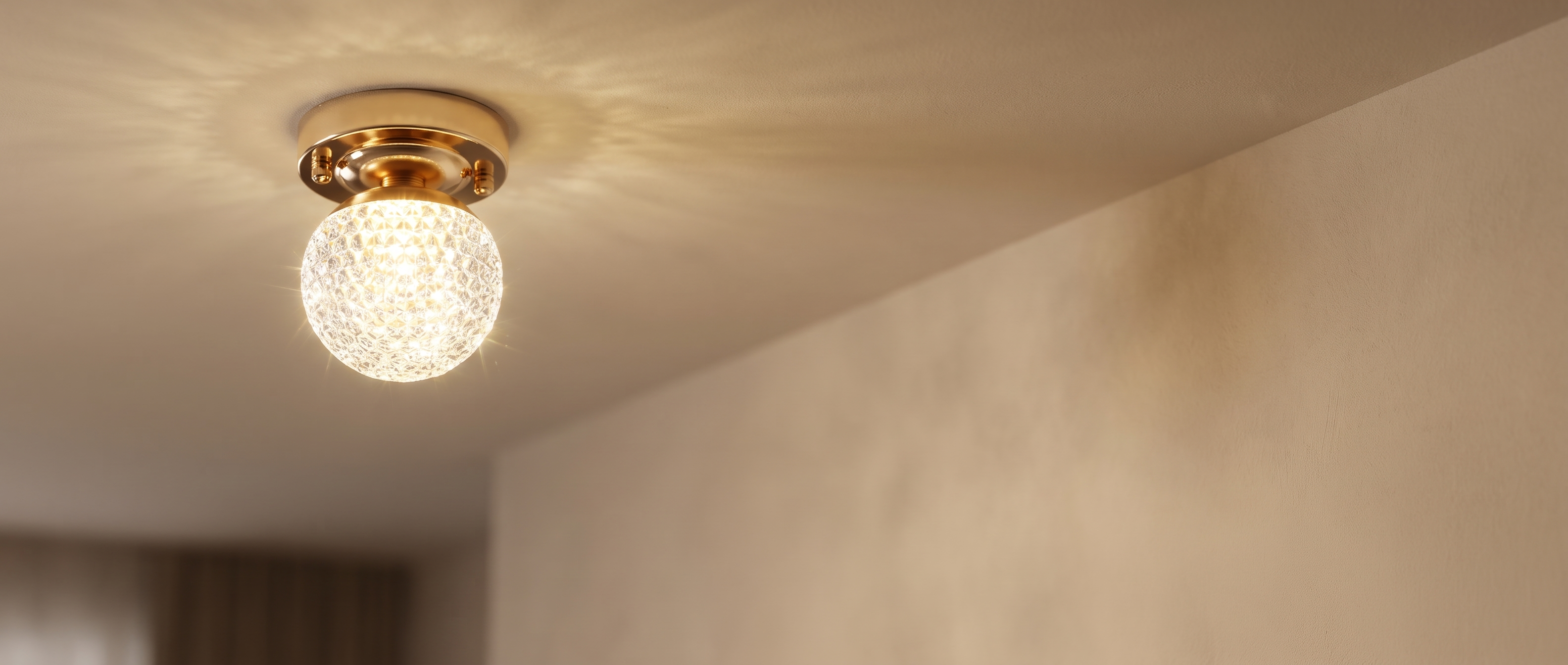 Crystal ball ceiling light glowing on a ceiling