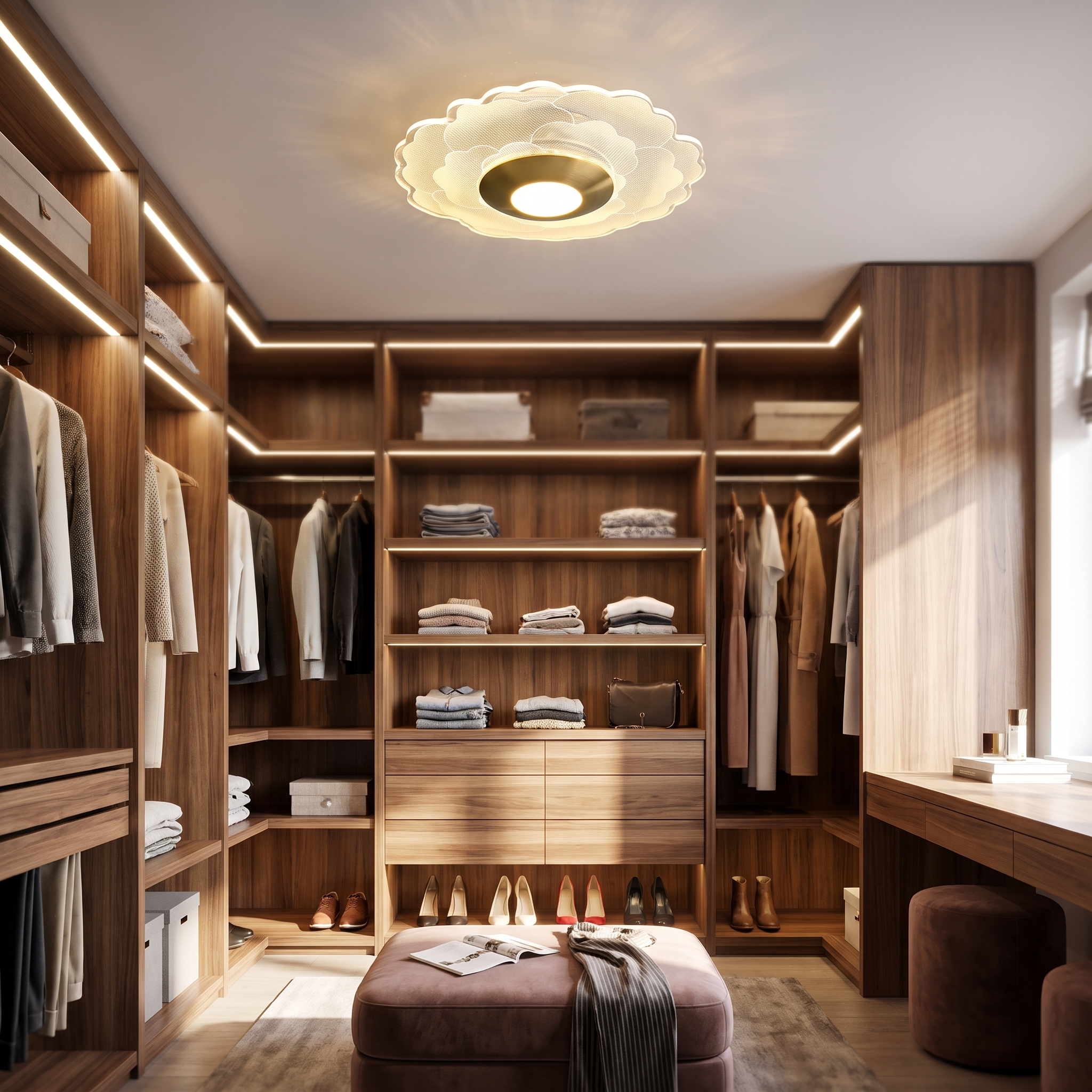 Crystal flower ceiling light in a walk-in closet