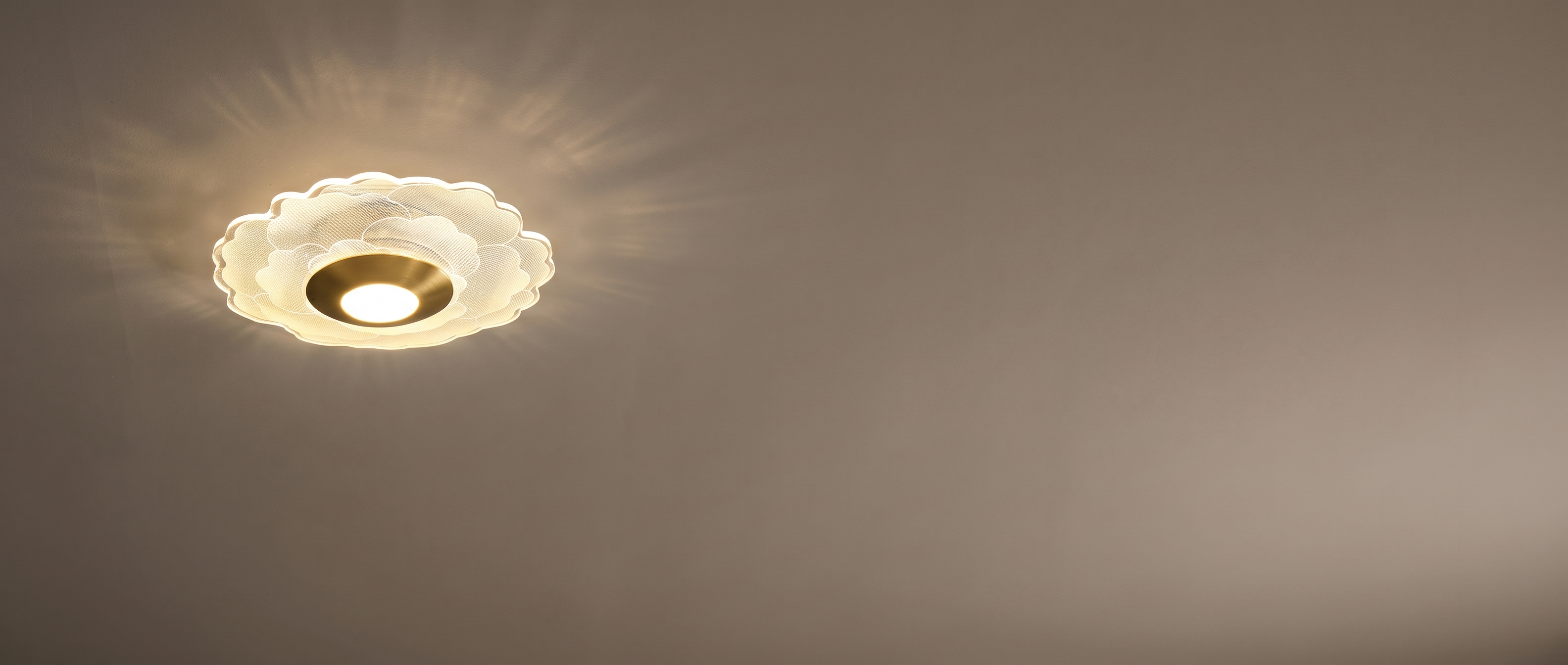 Crystal flower ceiling light glowing on a ceiling
