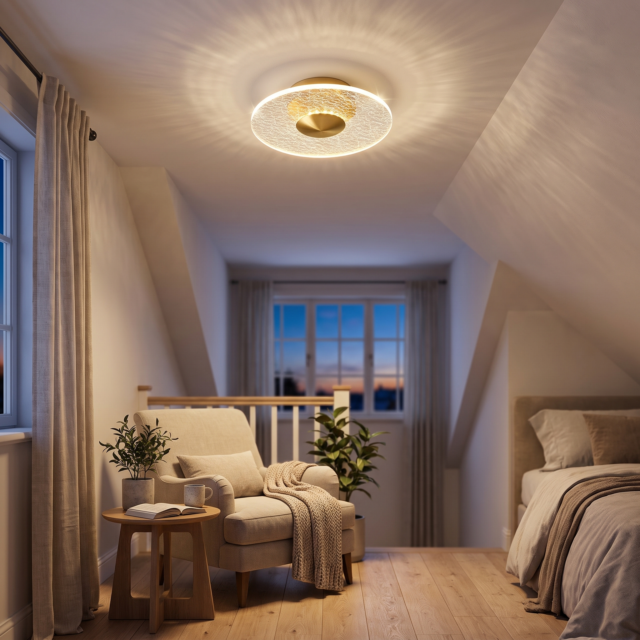 Crystal halo ceiling light in a bedroom