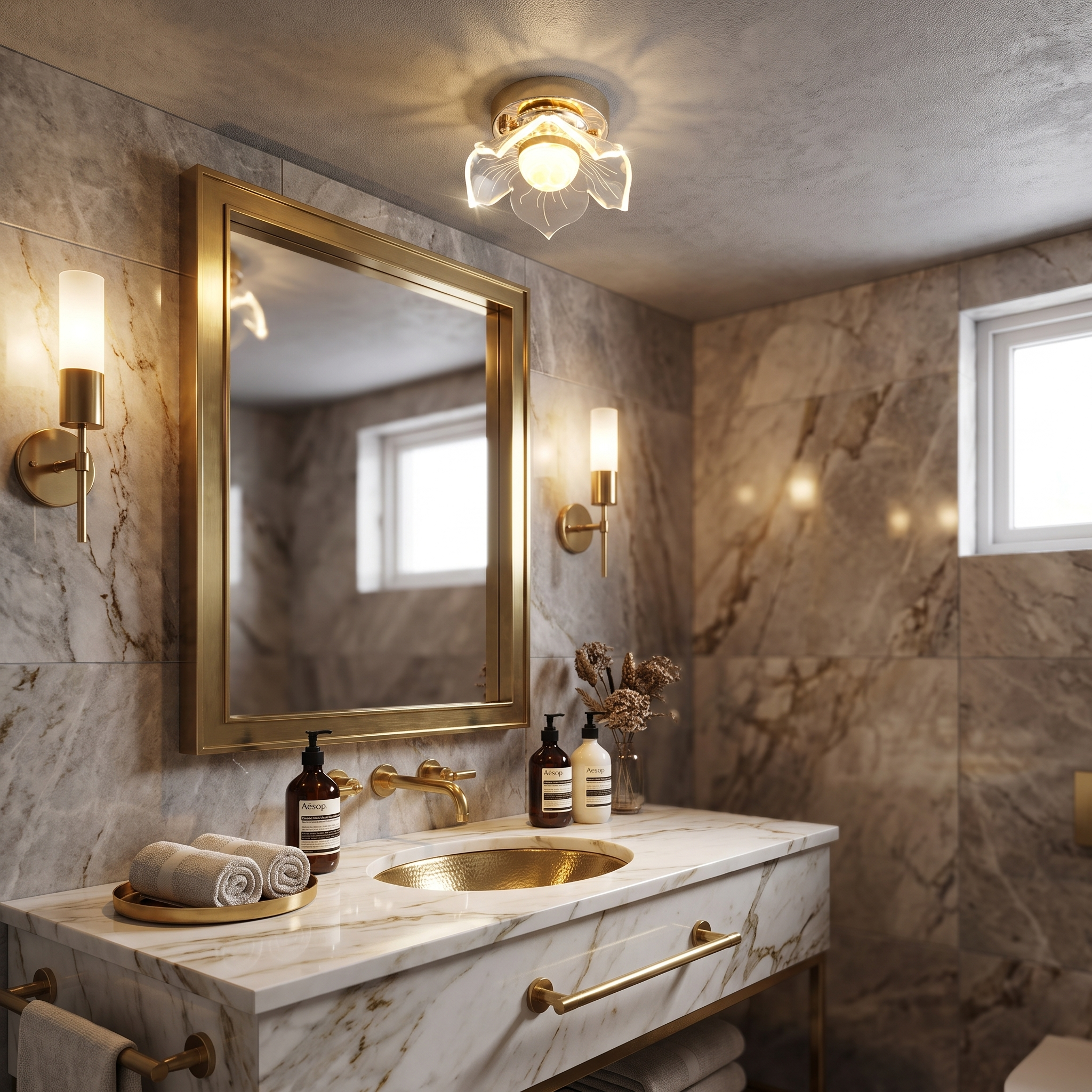 Lotus crystal ceiling light in a bathroom