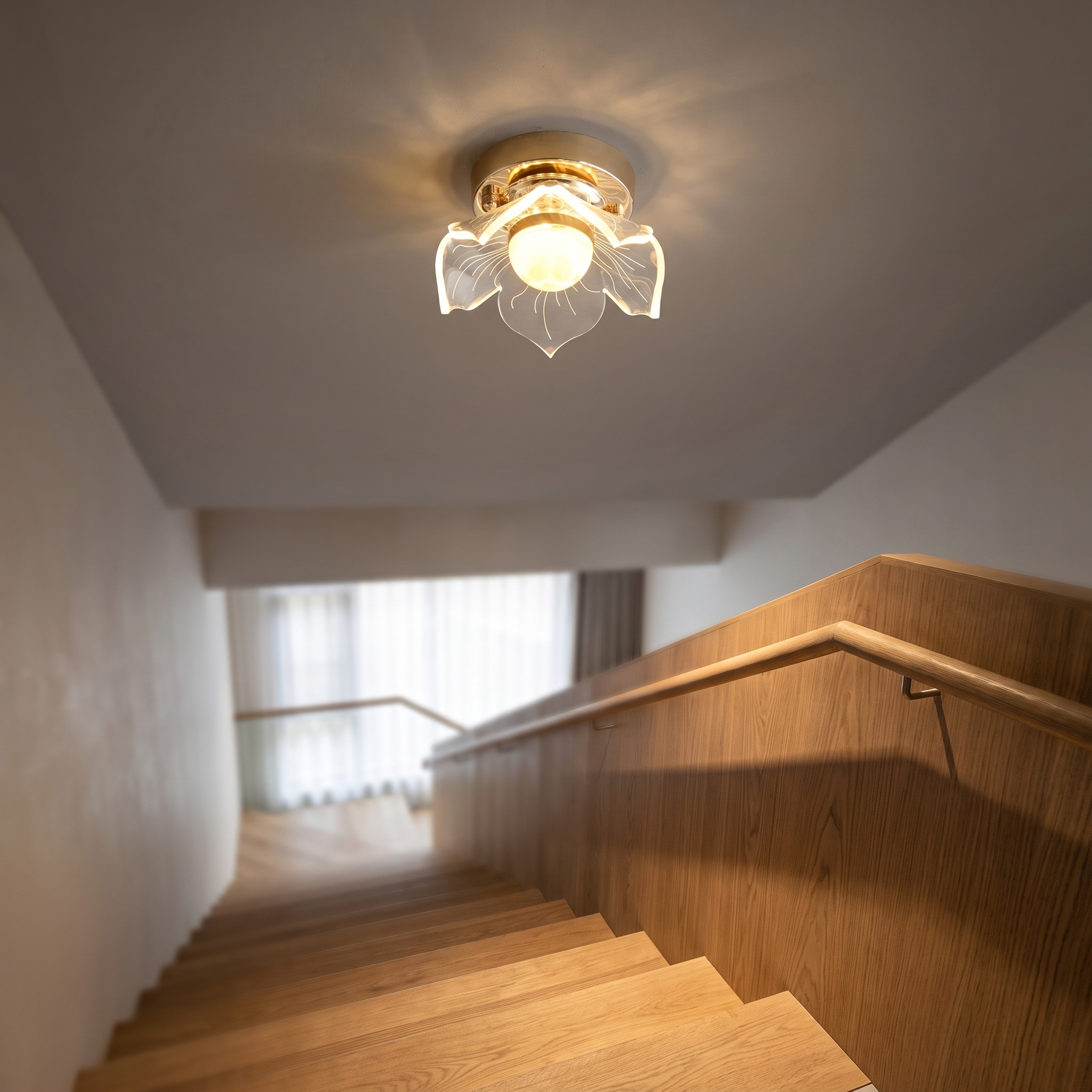 Lotus crystal ceiling light over a staircase