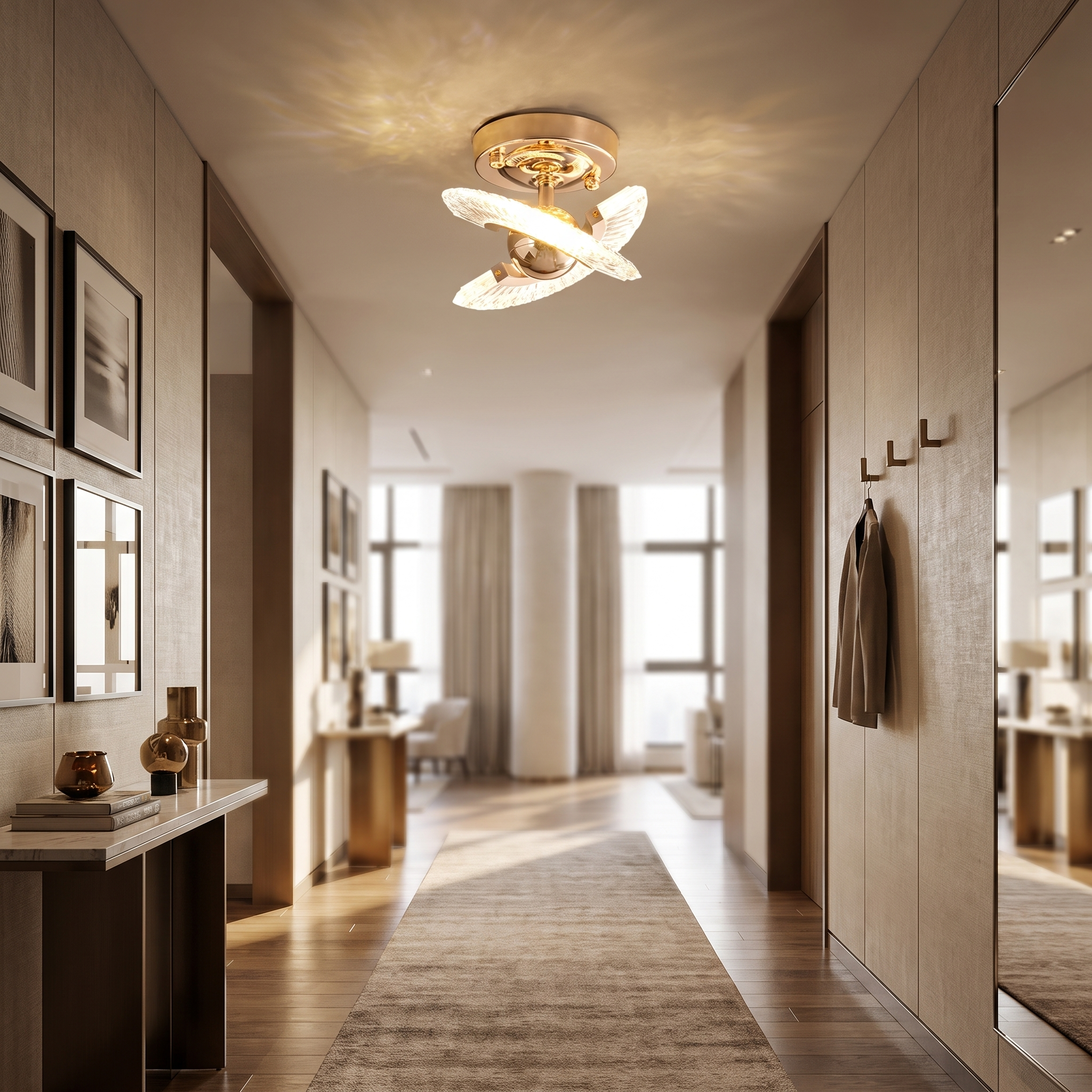 Winged crystal ceiling light in a hallway