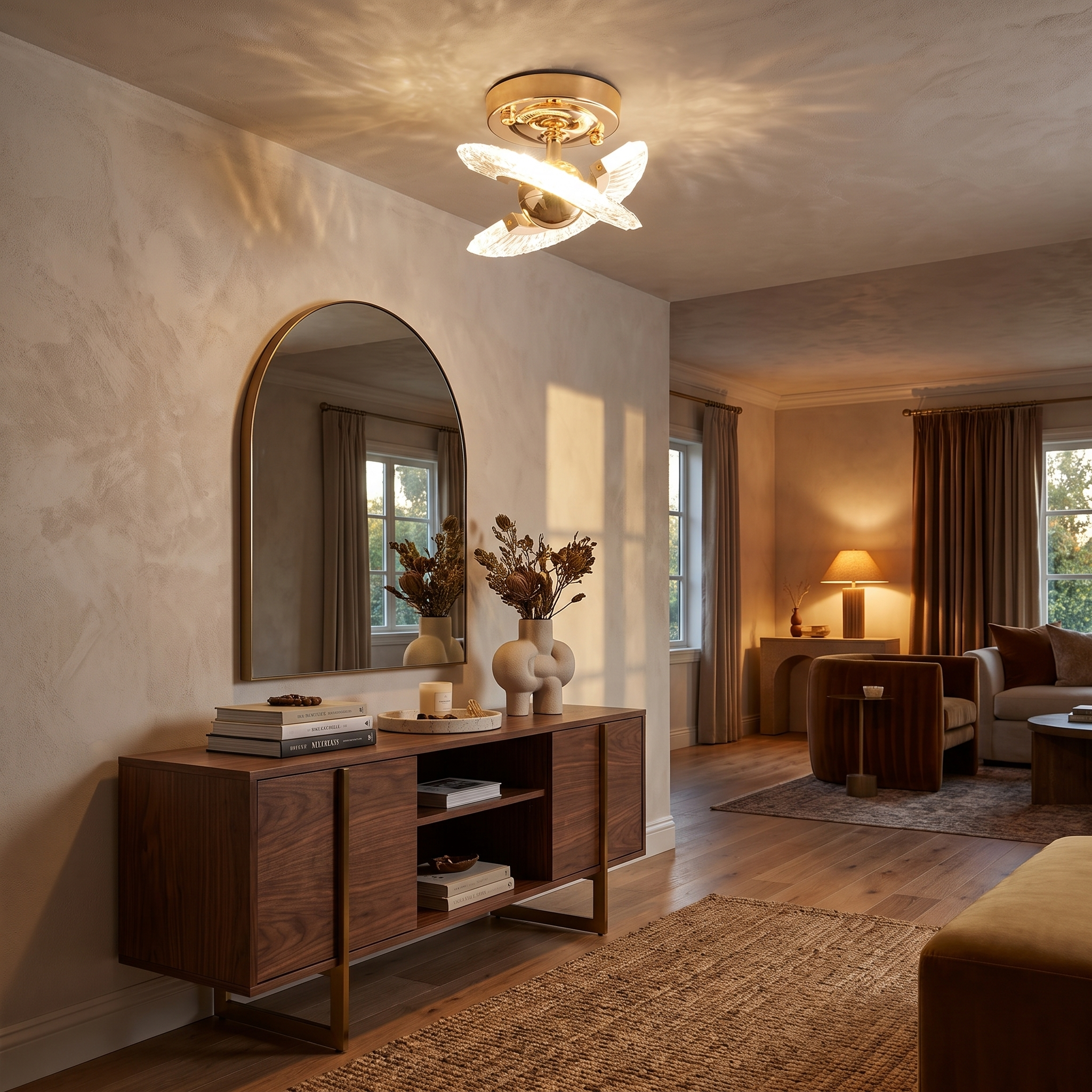 Winged crystal ceiling light in an entryway
