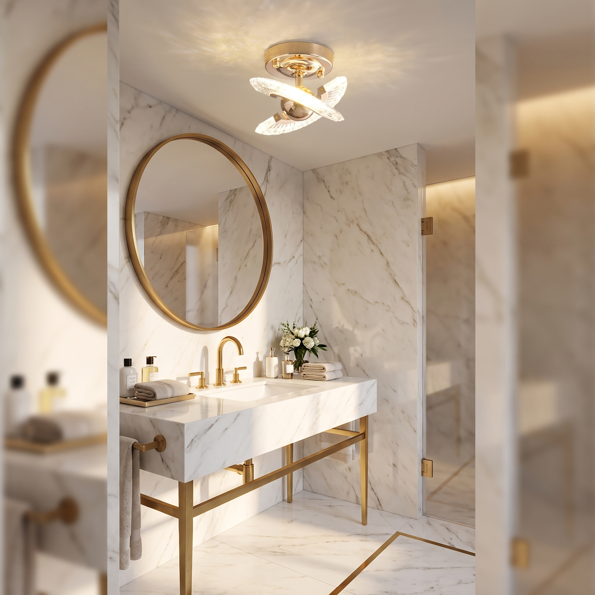 Winged crystal ceiling light in a bathroom