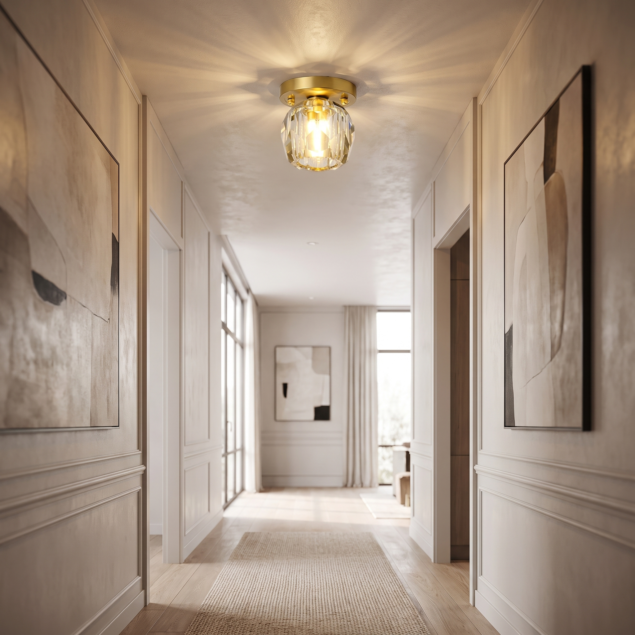 Crystal cylinder ceiling light in a hallway
