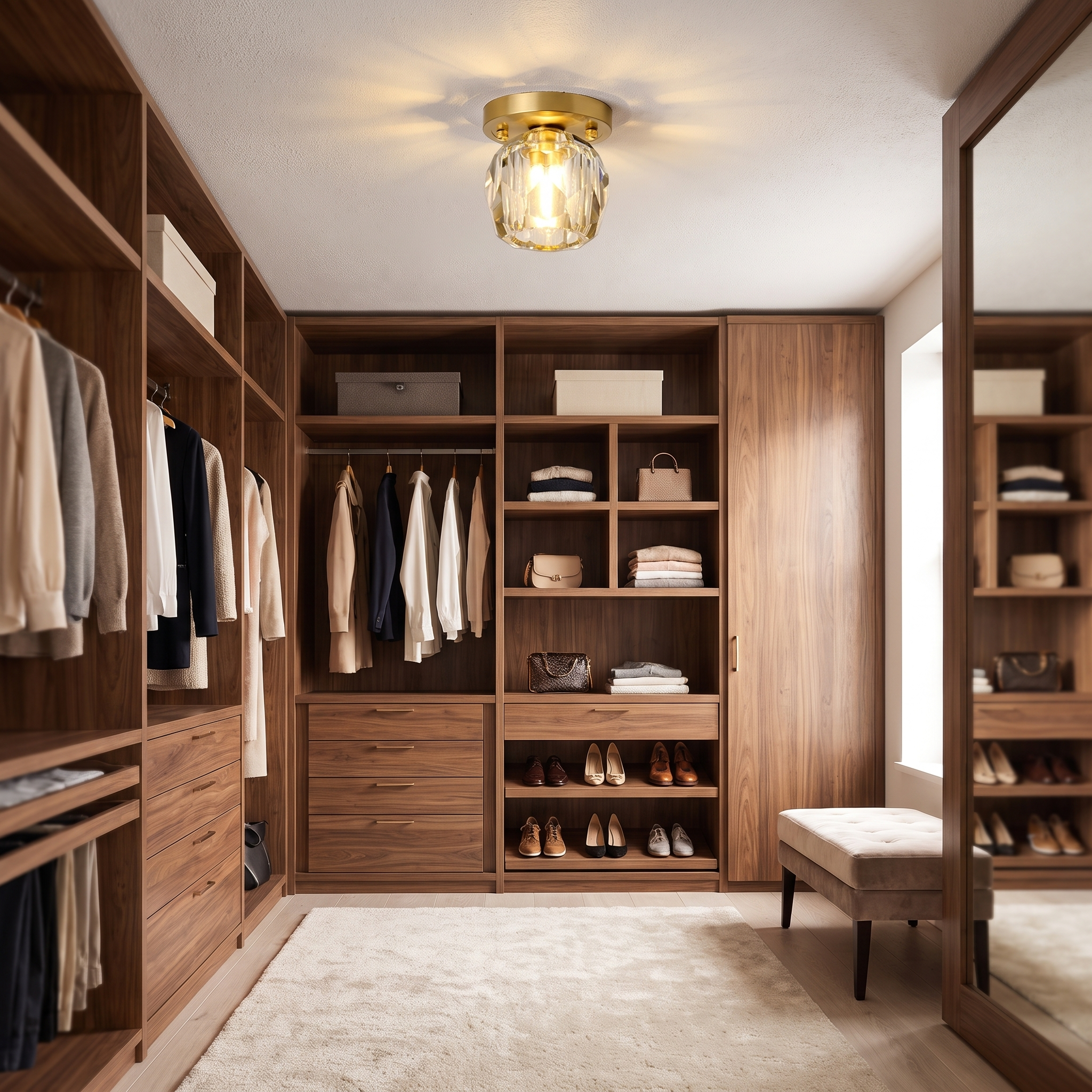 Crystal cylinder ceiling light in a walk-in closet