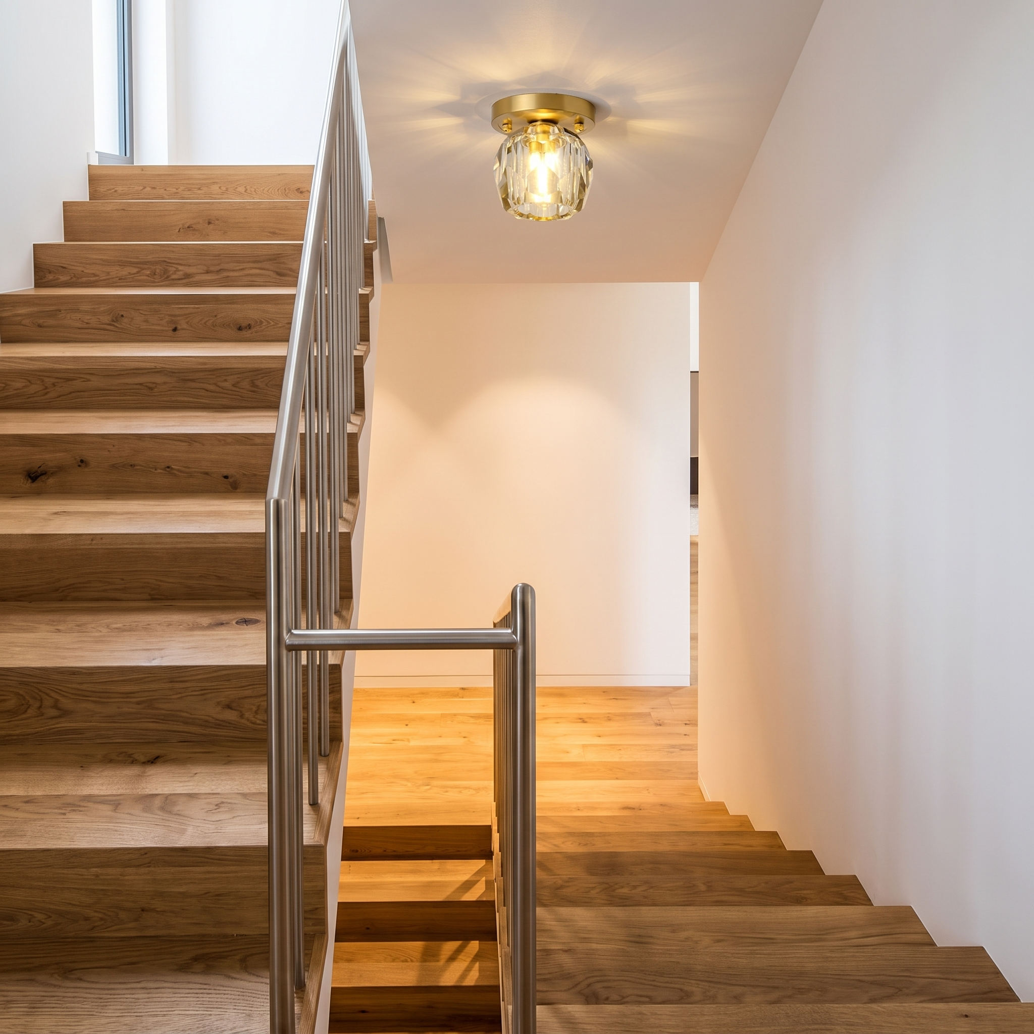 Crystal cylinder ceiling light over a staircase