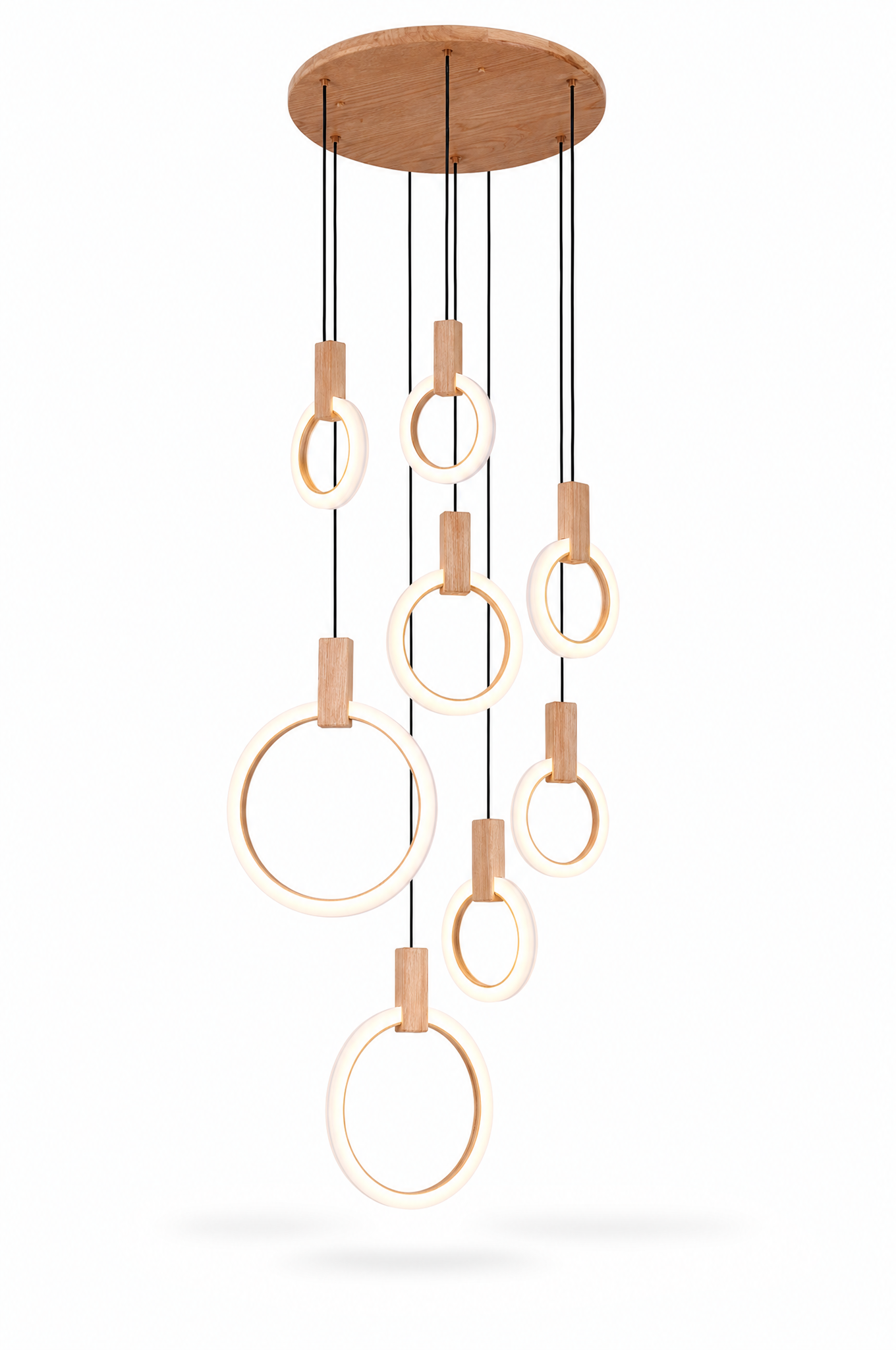 10-ring wood and acrylic ring chandelier on white