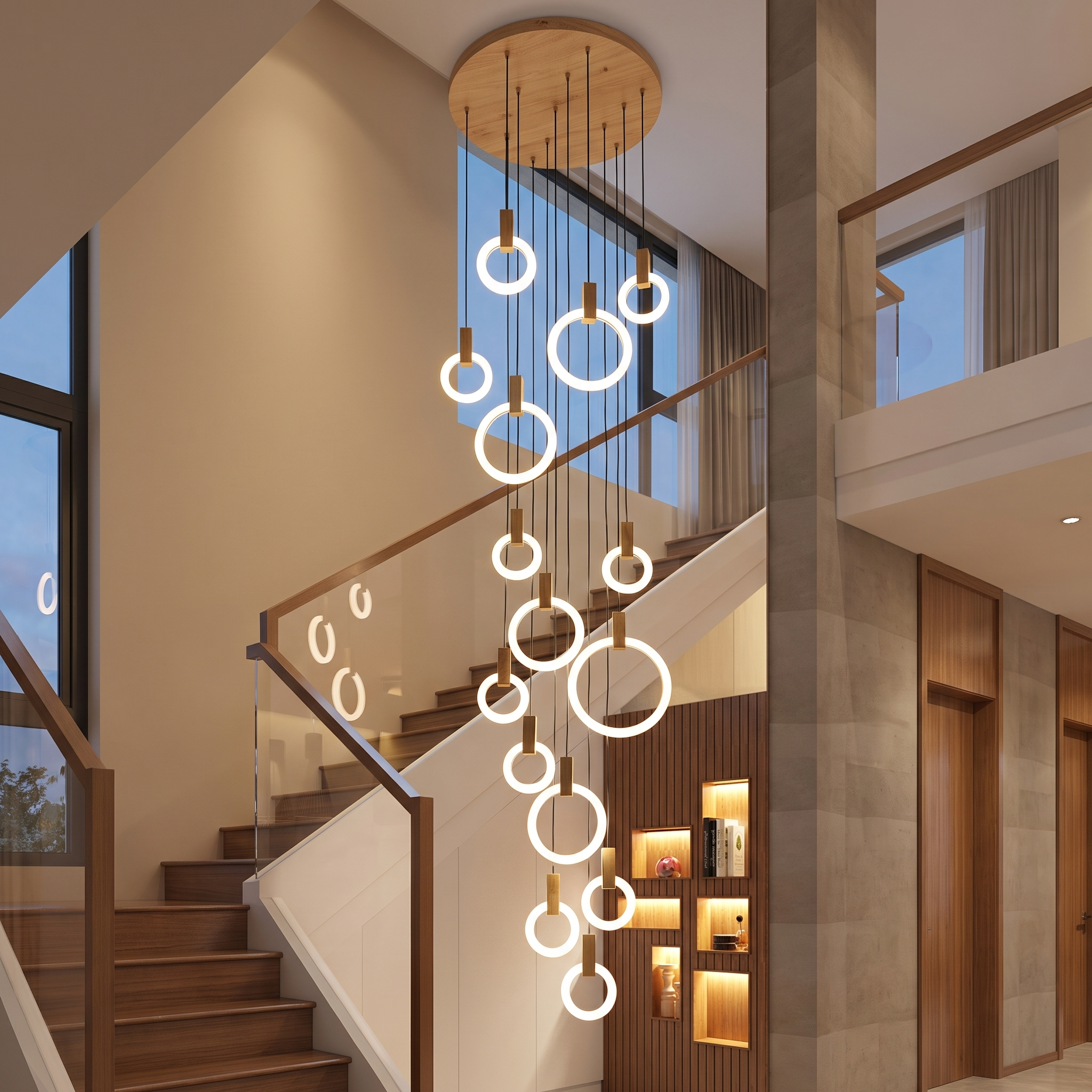 Wood ring chandelier cascading down a staircase stairwell
