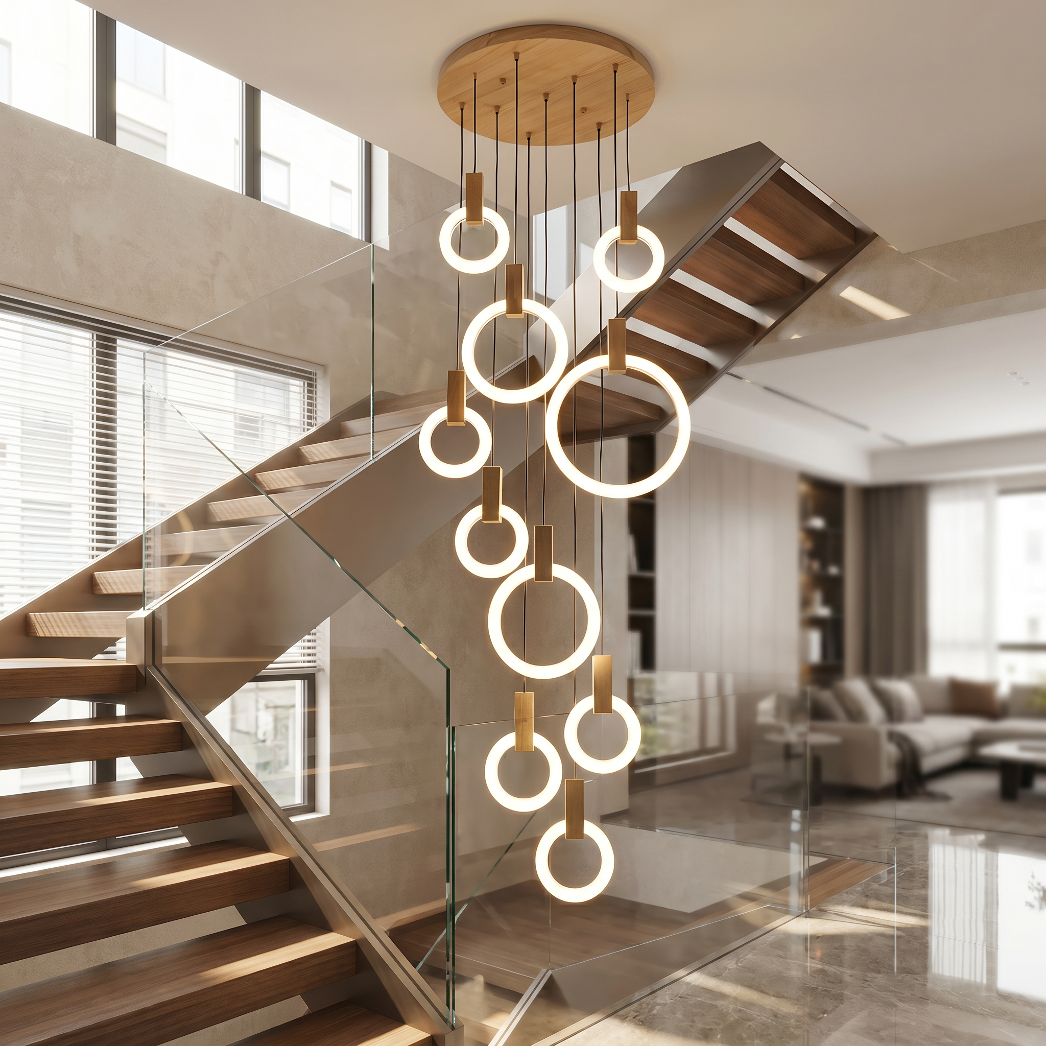 Wood ring chandelier alongside a glass-railing staircase