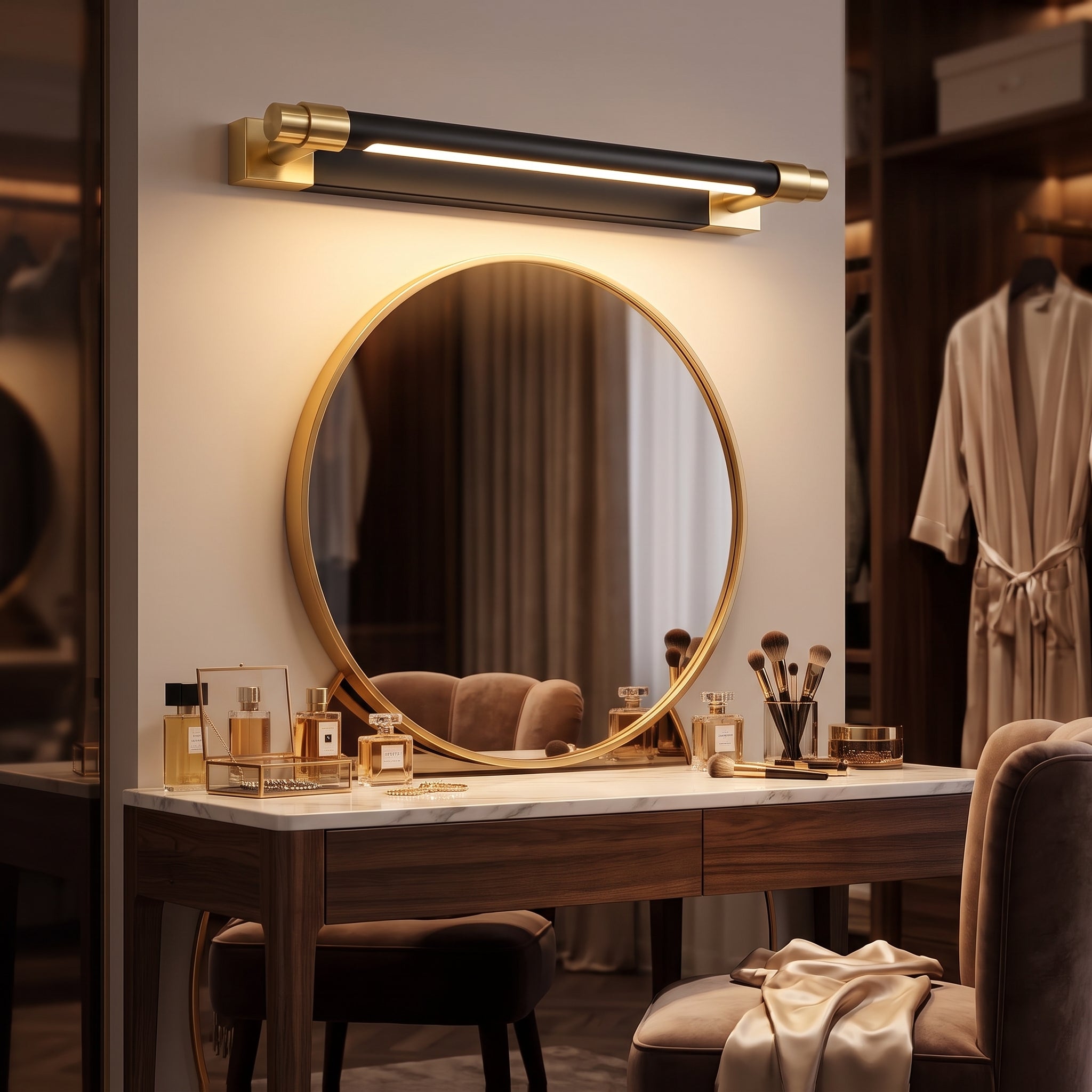 Gold and black vanity light above makeup mirror