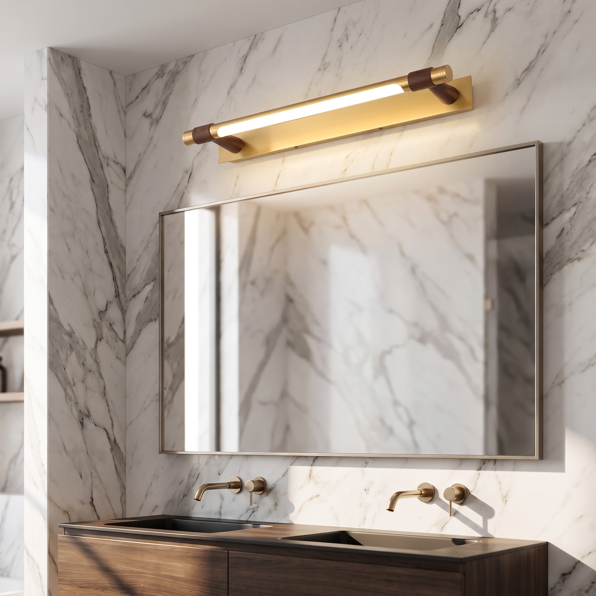 Brass vanity light in marble bathroom