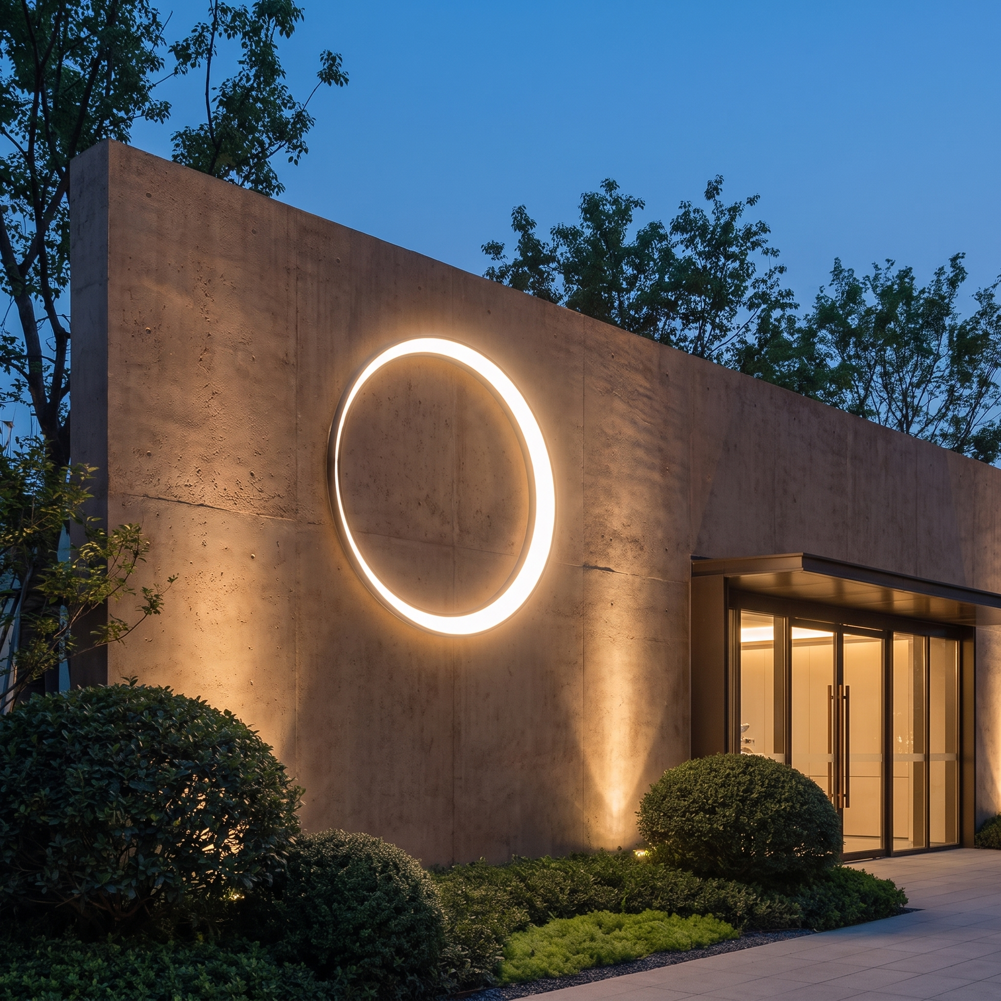 Moon ring wall light on concrete villa wall at dusk