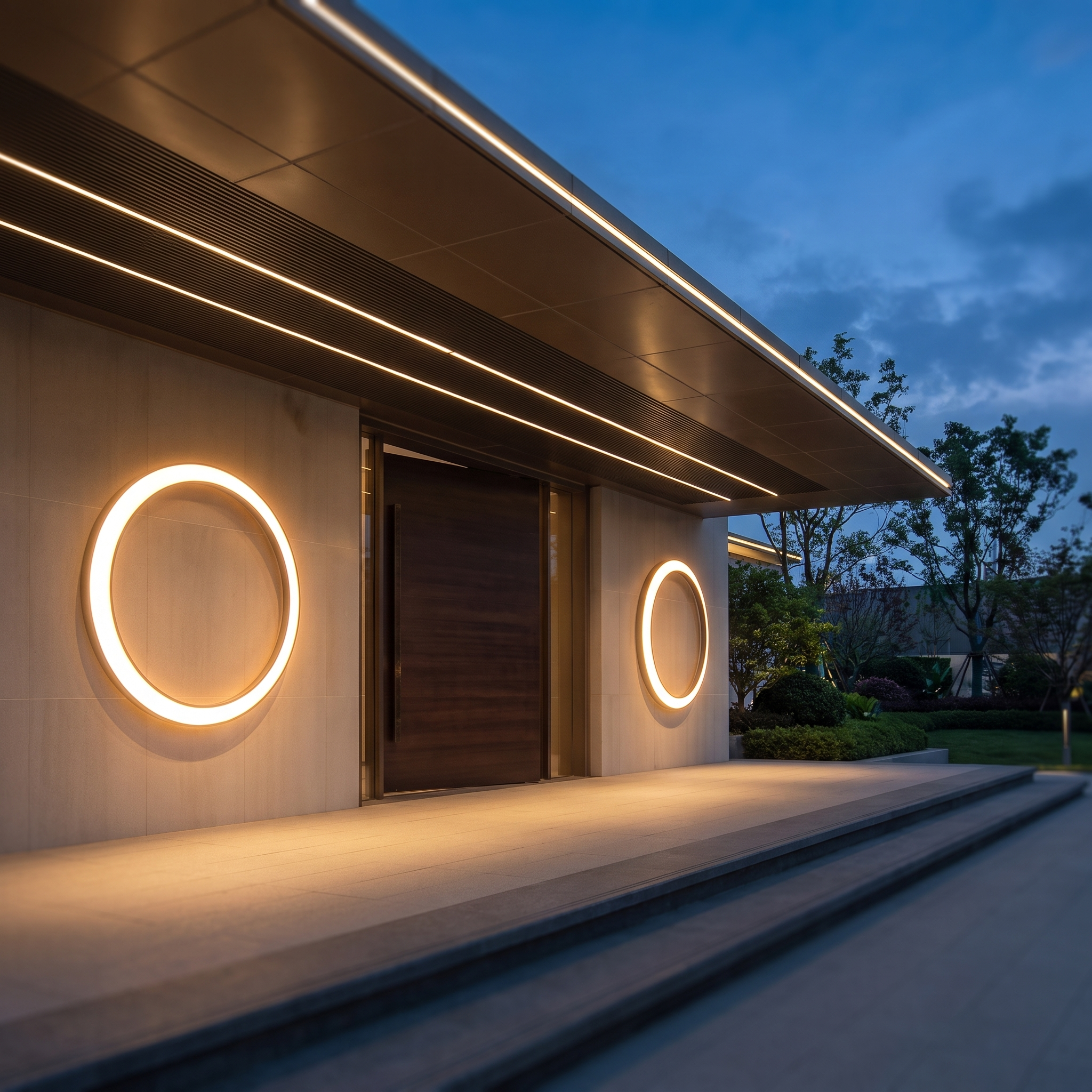 Two moon ring wall lights flanking a villa entrance