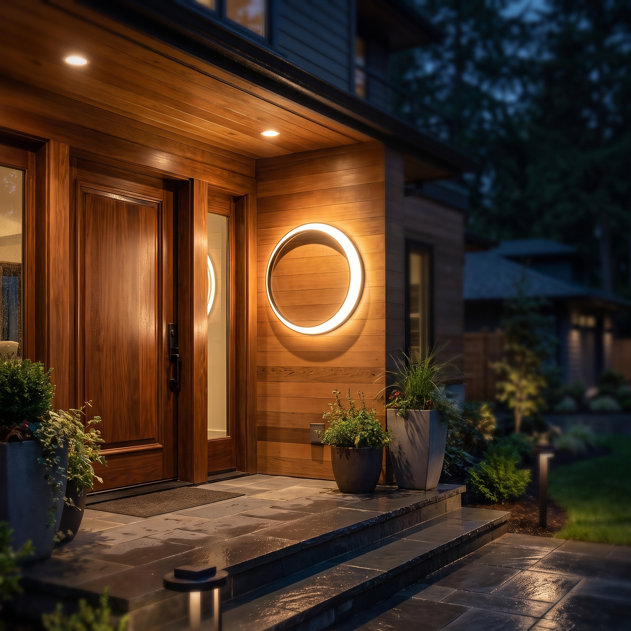 Moon ring wall light beside a wooden porch entry