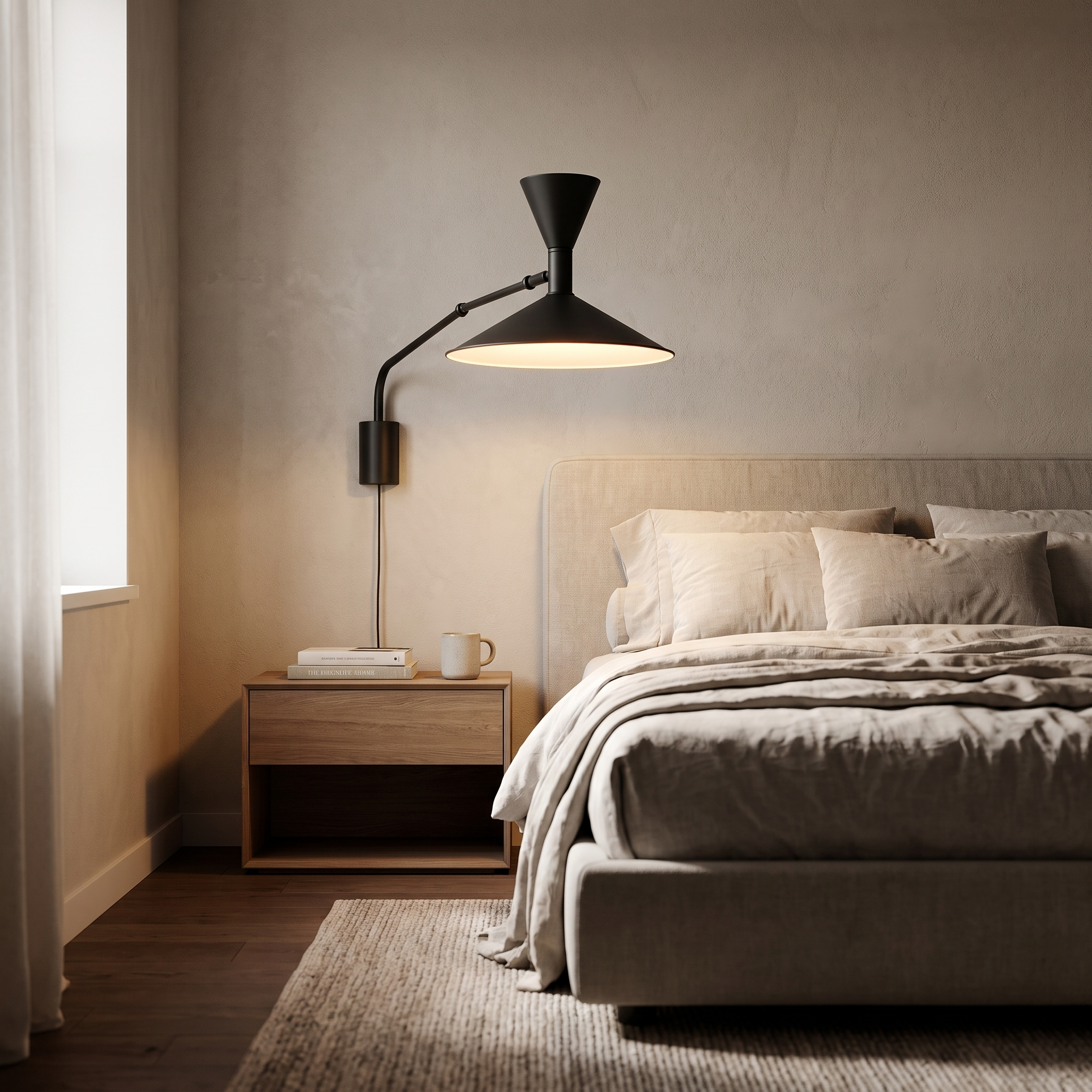 Black swing-arm wall lamp as a bedside reading light