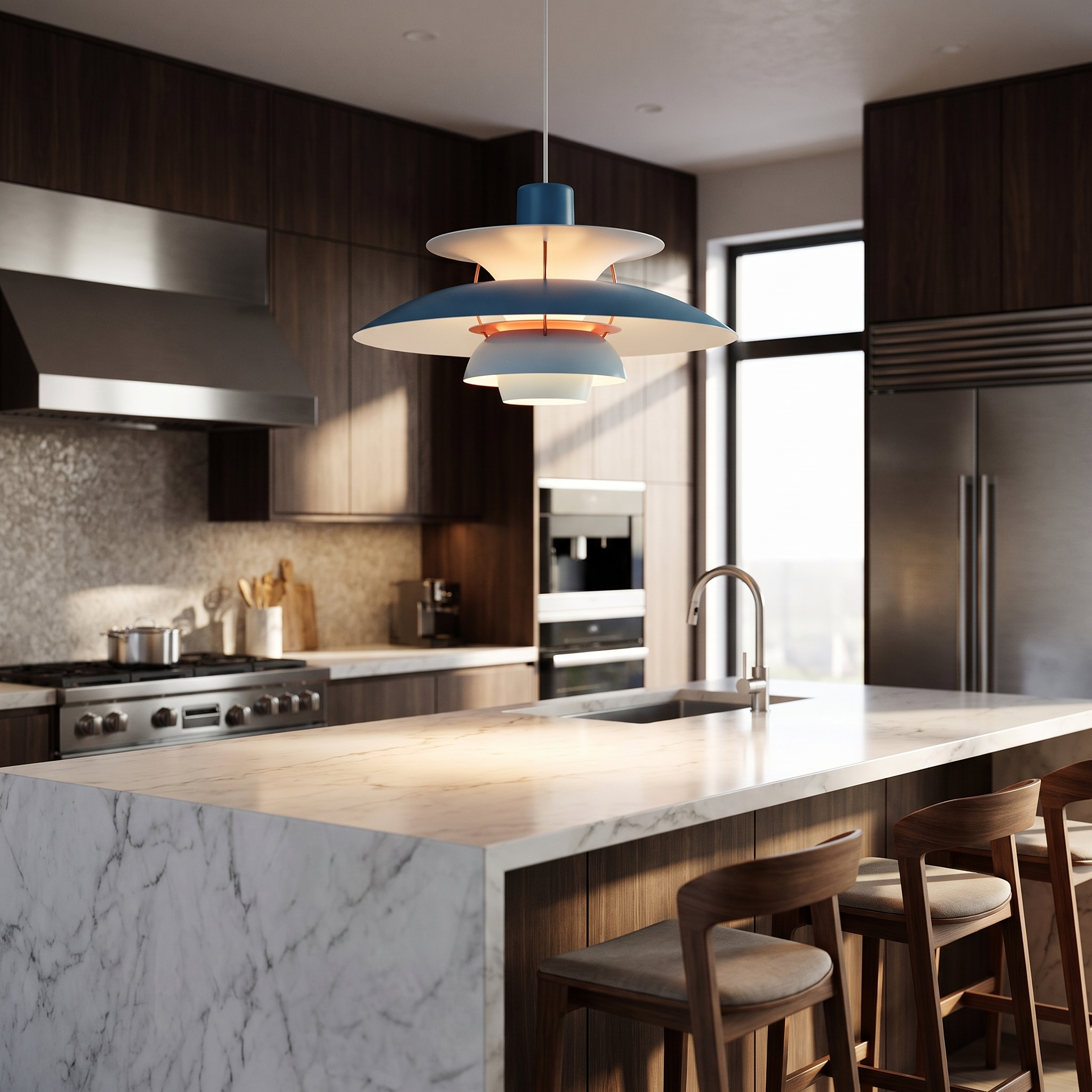 Ocean blue tiered pendant over a kitchen island