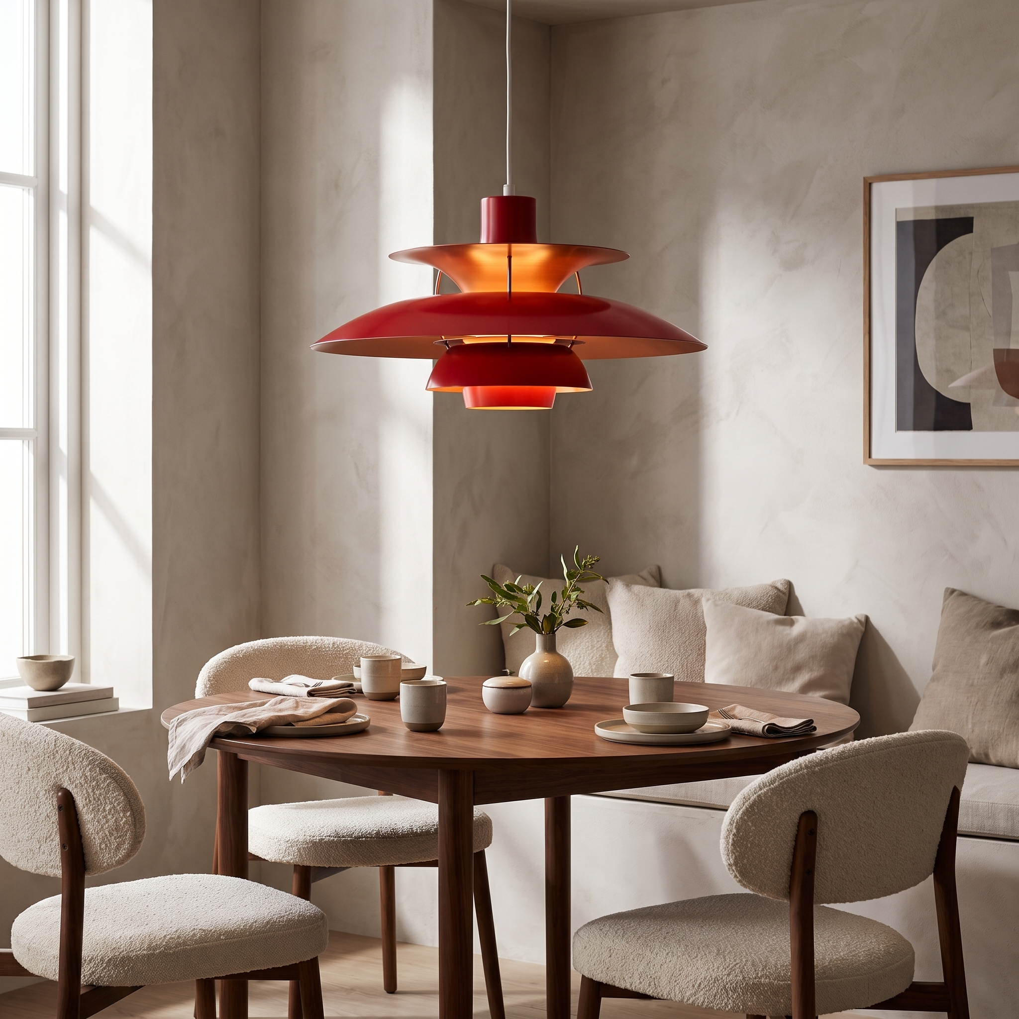 Red tiered pendant over a dining table