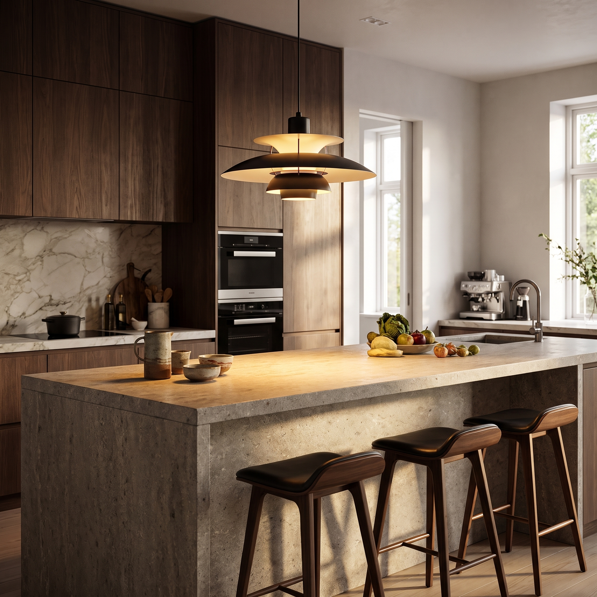 Black tiered pendant over a kitchen island