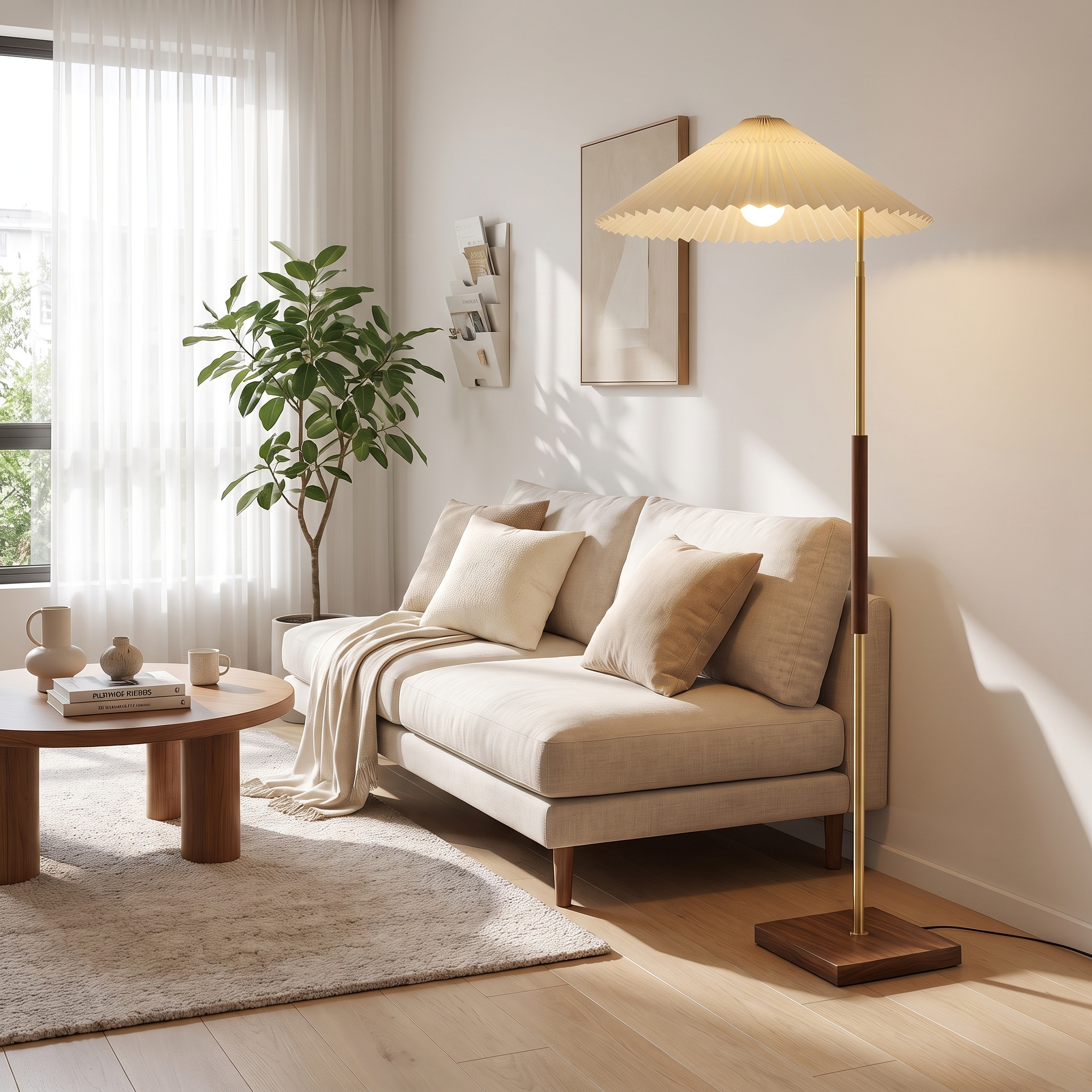 Walnut brass floor lamp in a modern living room corner