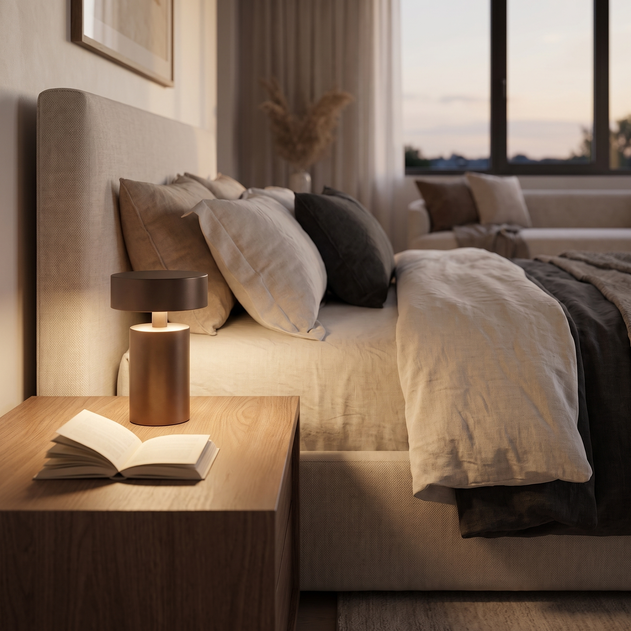 Bronze cordless lamp glowing on a bedside nightstand
