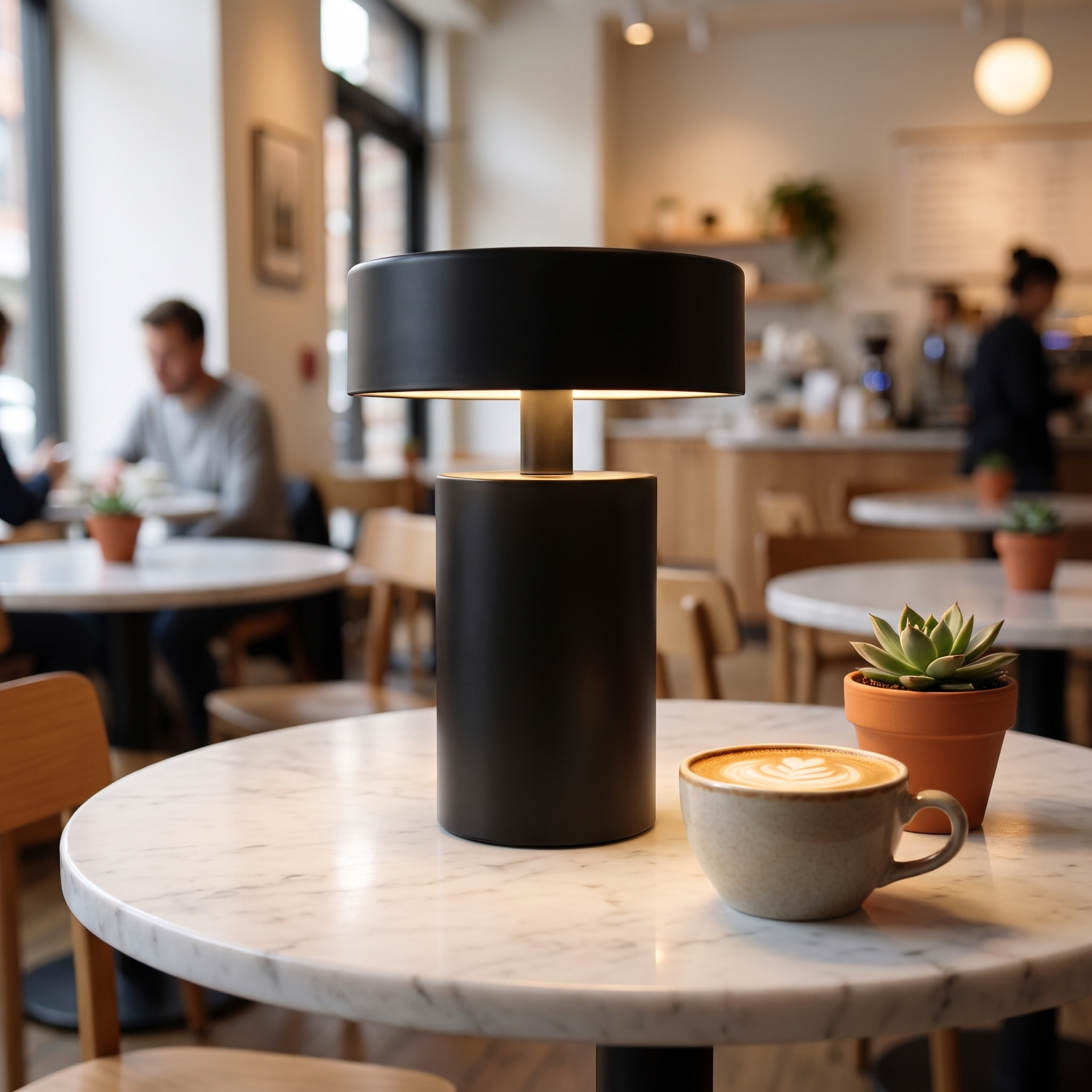 Black cordless lamp on a marble cafe table