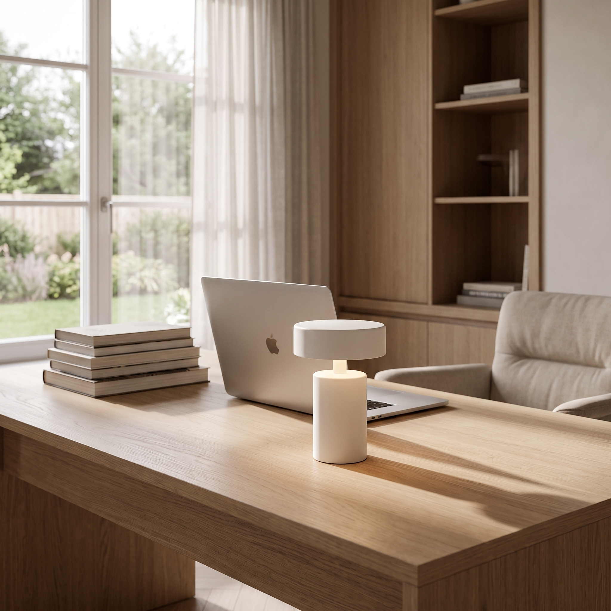 White cordless lamp on a bright study desk