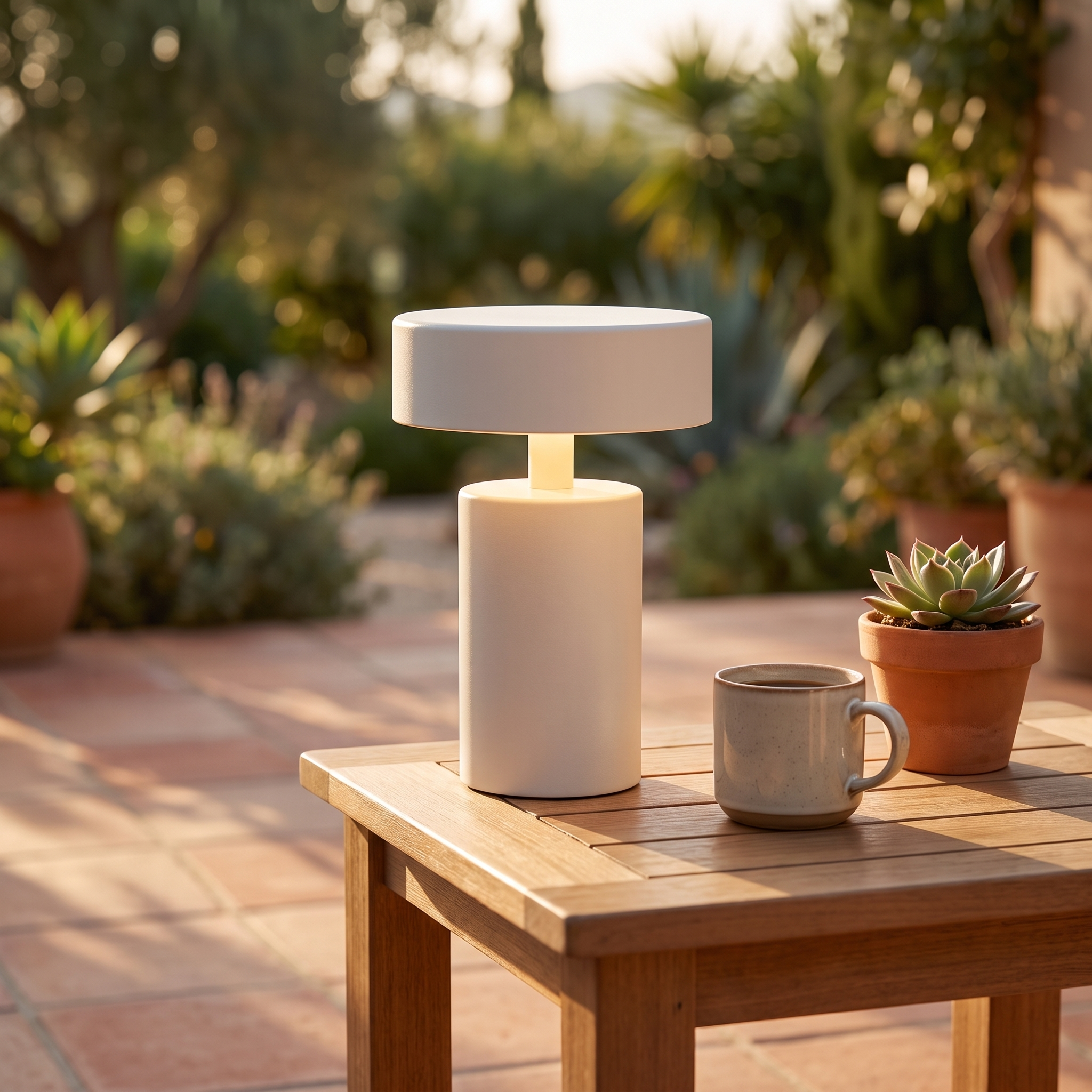White cordless lamp on an outdoor terrace table at golden hour