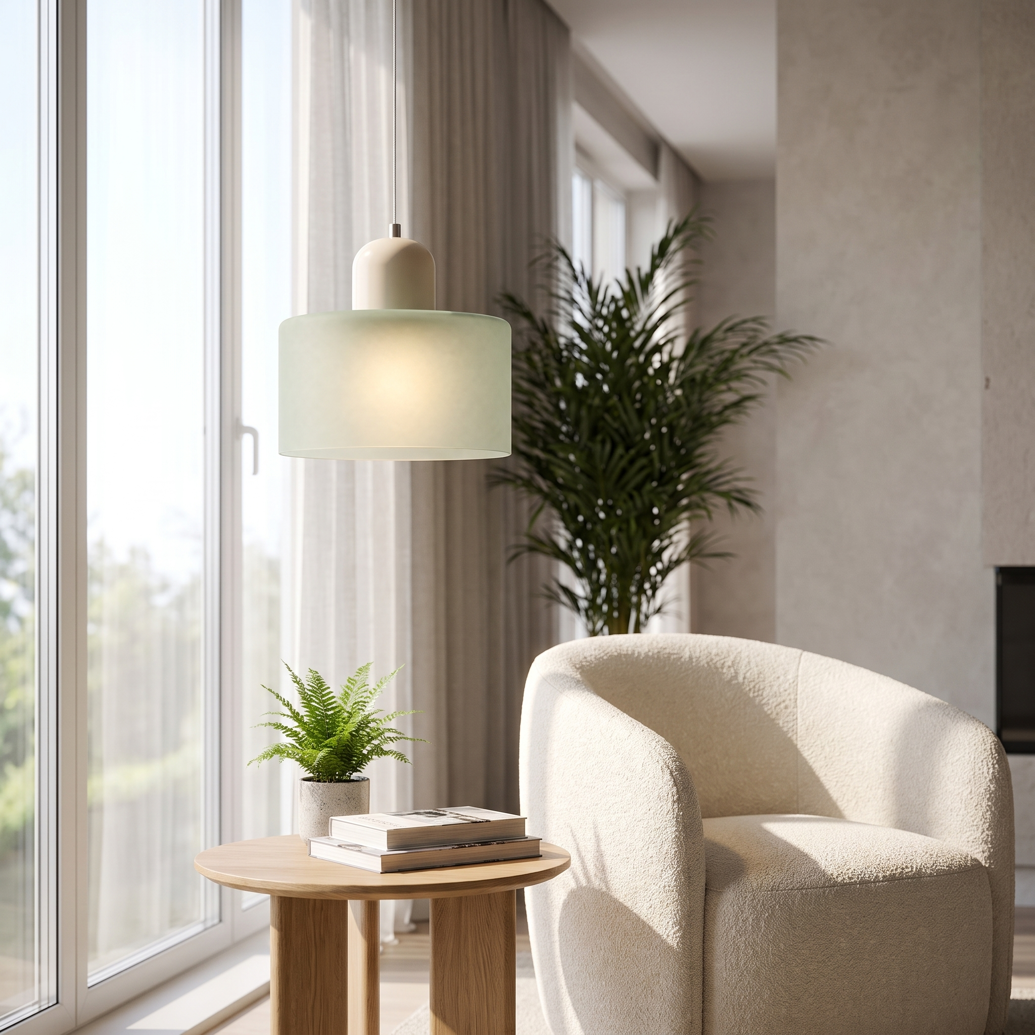 Sage frosted glass pendant over a reading-nook side table