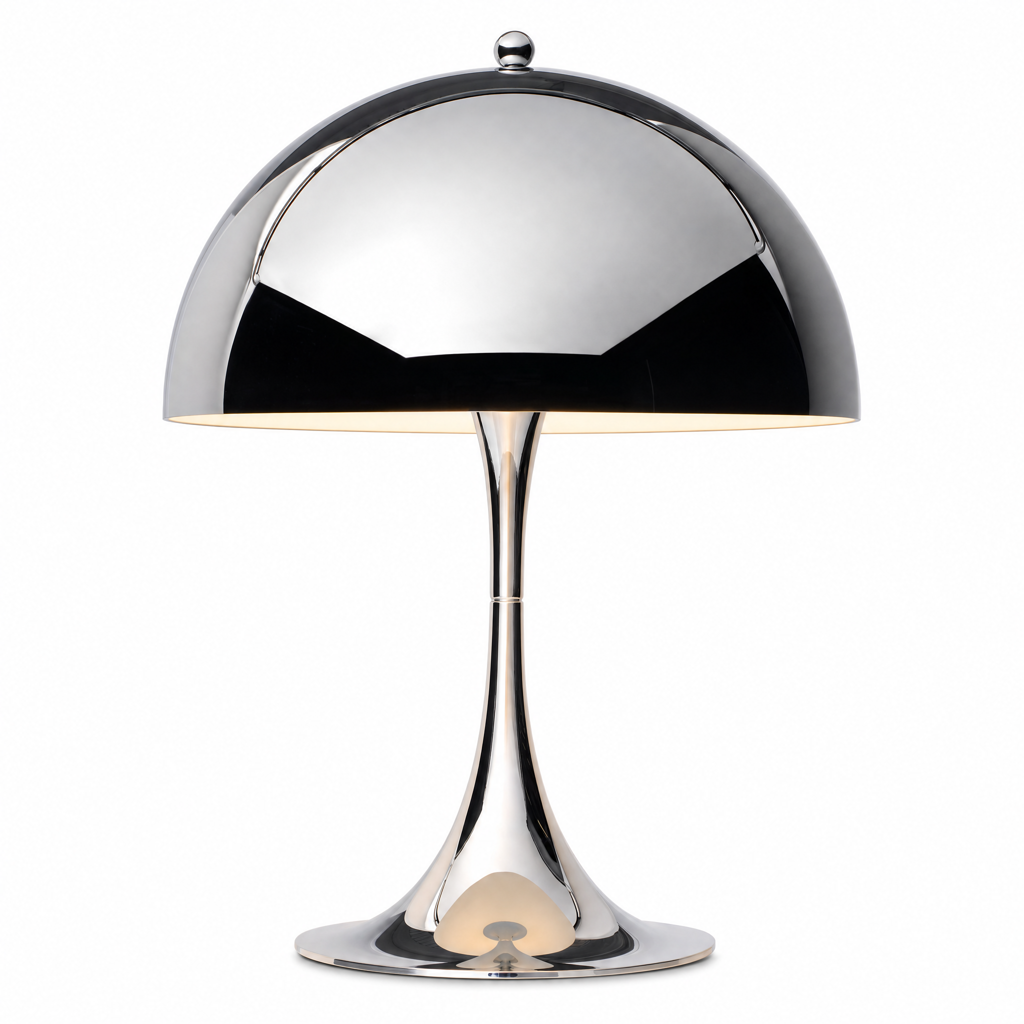 Soffio Lieve mushroom table lamp, silver chrome, lit