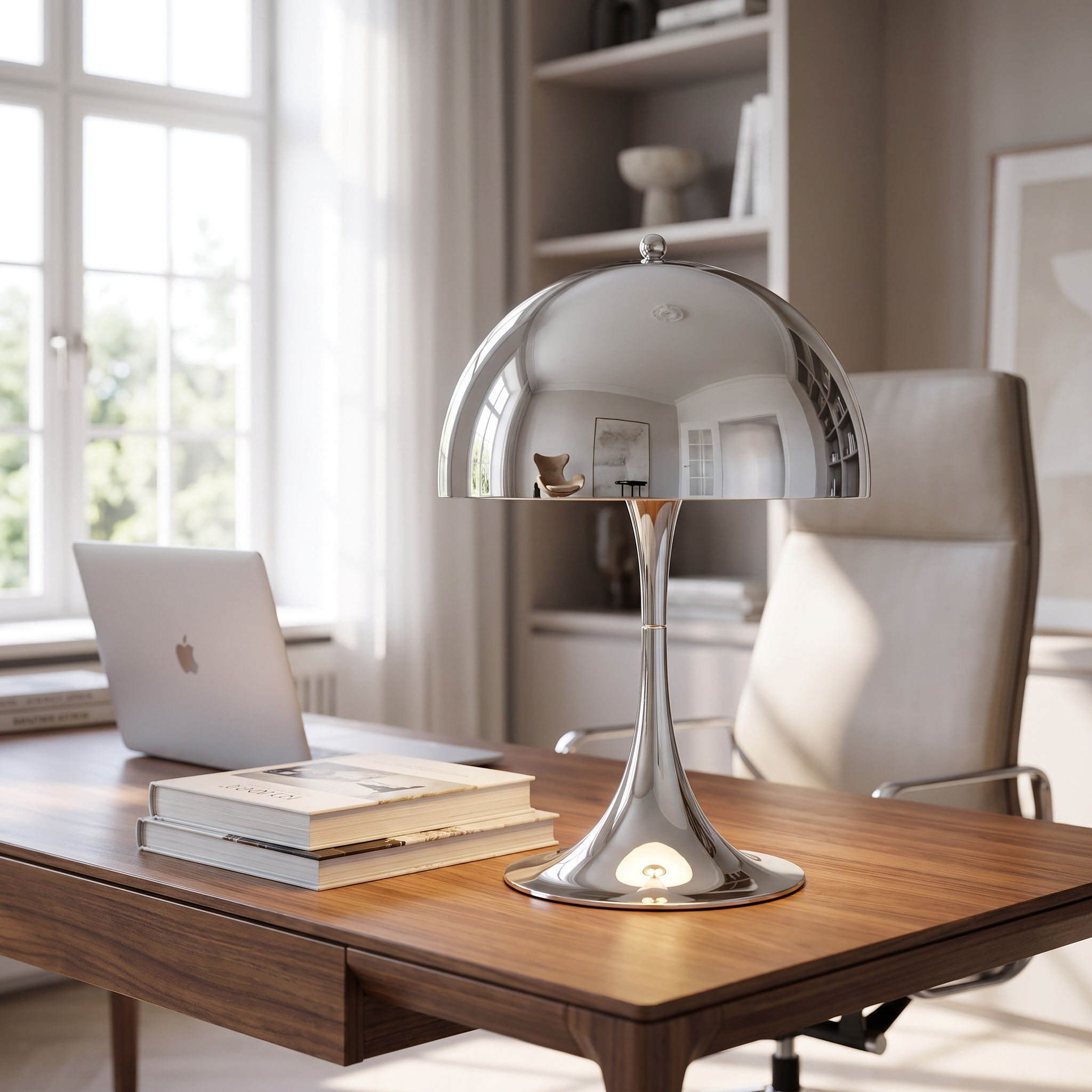 Silver mushroom table lamp on a bright study desk