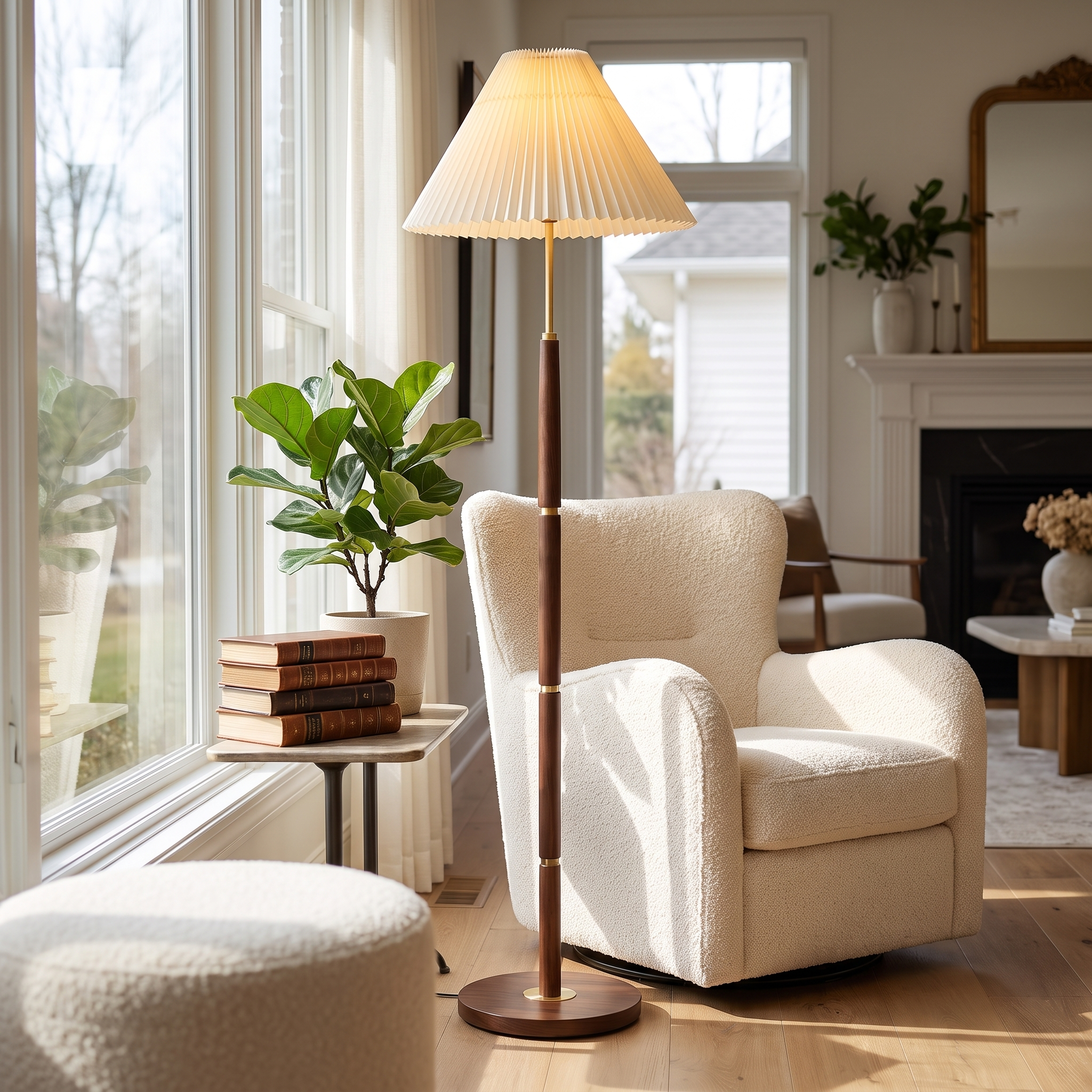 Walnut pleated floor lamp in a reading nook