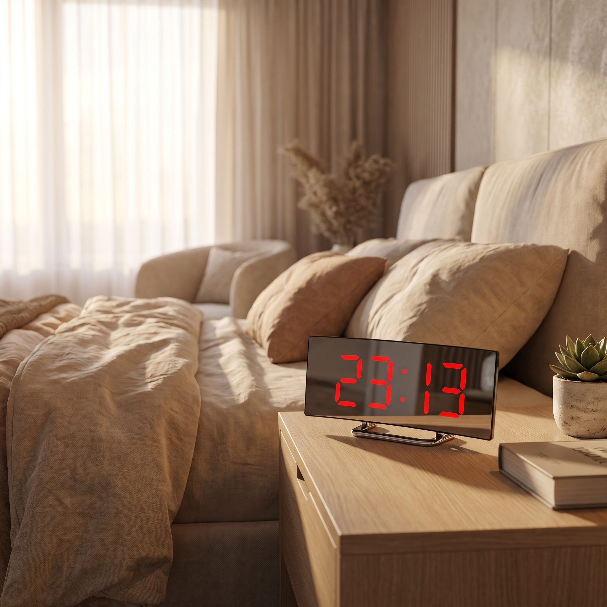 Arco Notte LED digital alarm clock with red display on a bedroom nightstand