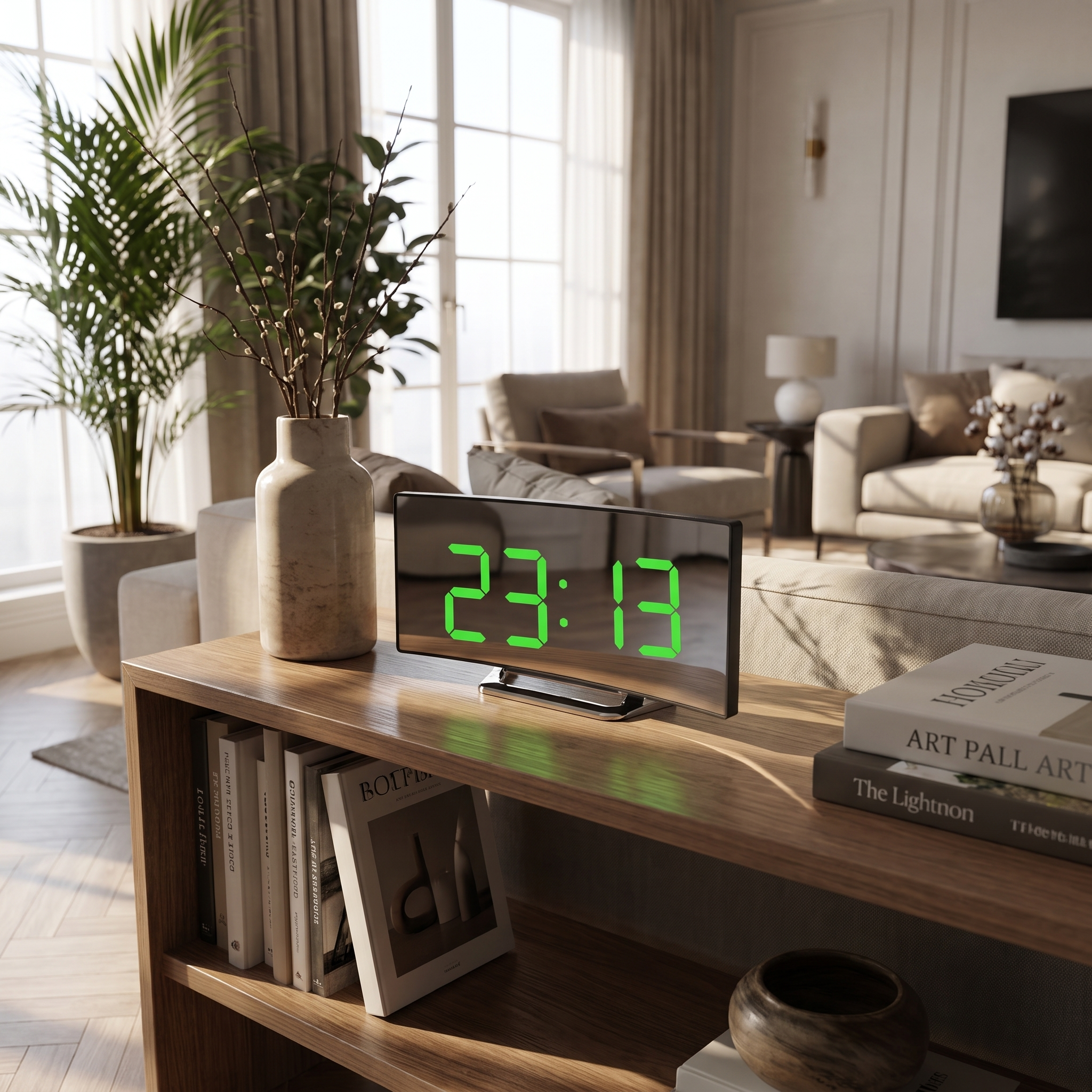 Arco Notte LED alarm clock with green display on a living room console