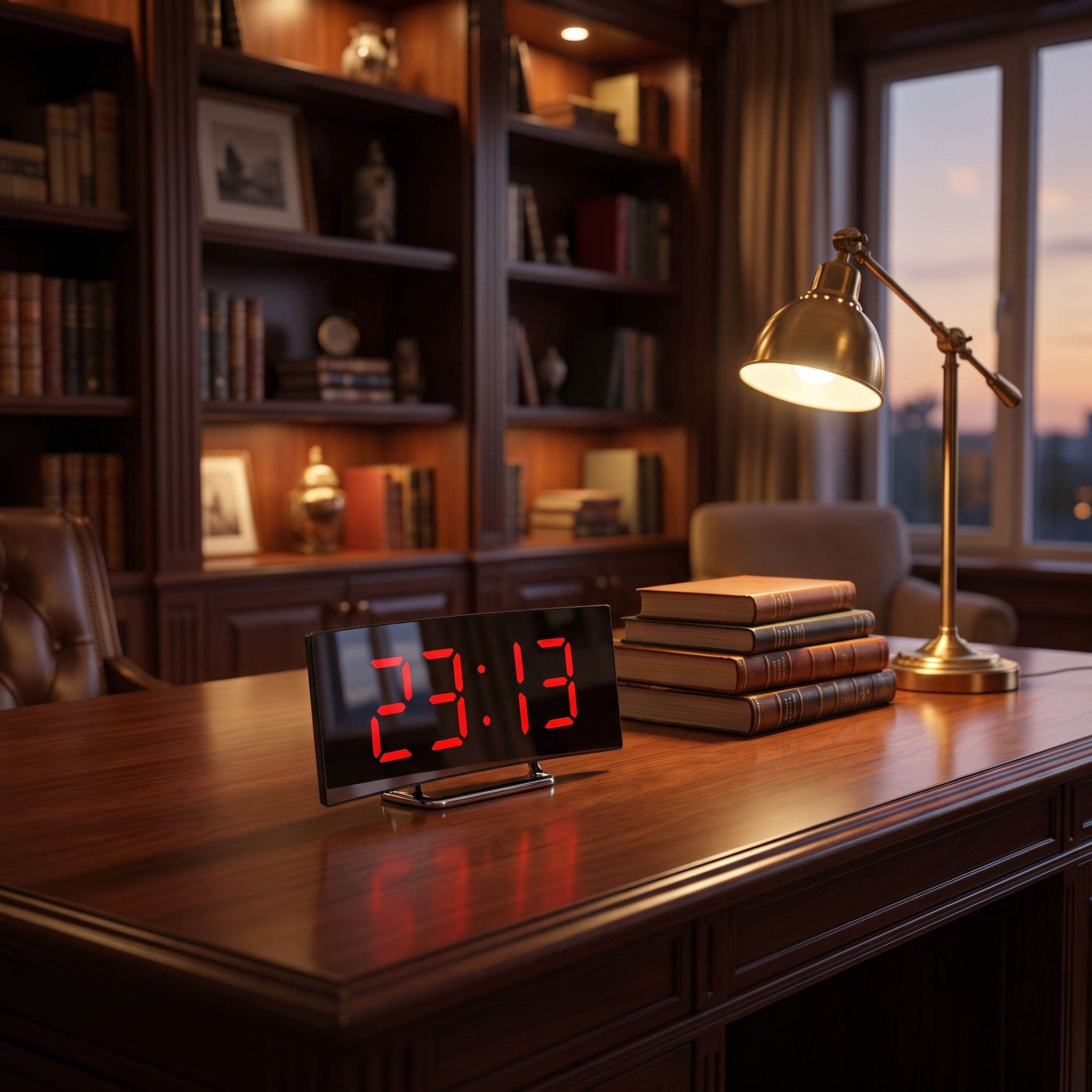 Arco Notte LED alarm clock with red display on a study desk with books