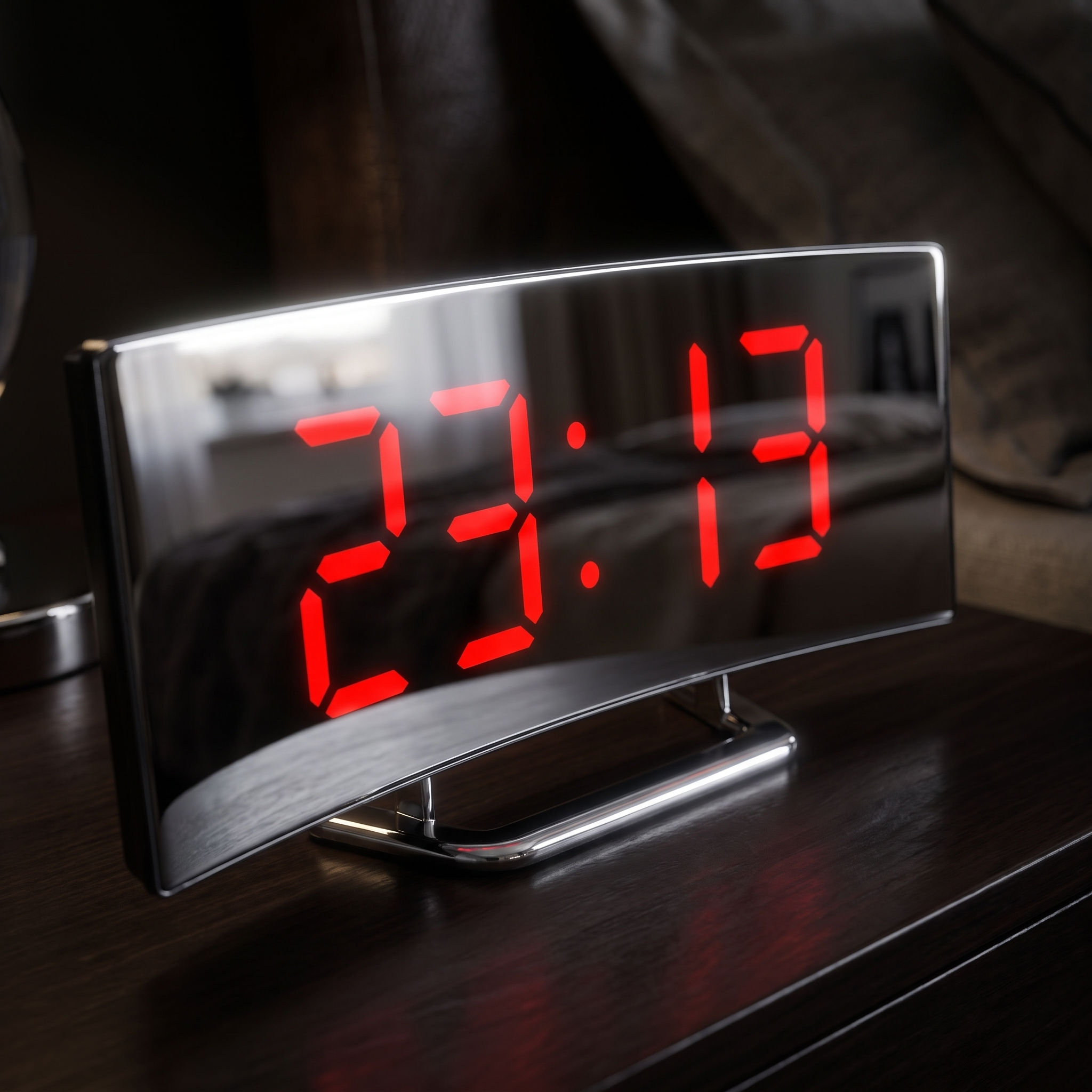 Arco Notte curved black mirror LED alarm clock close-up with red display