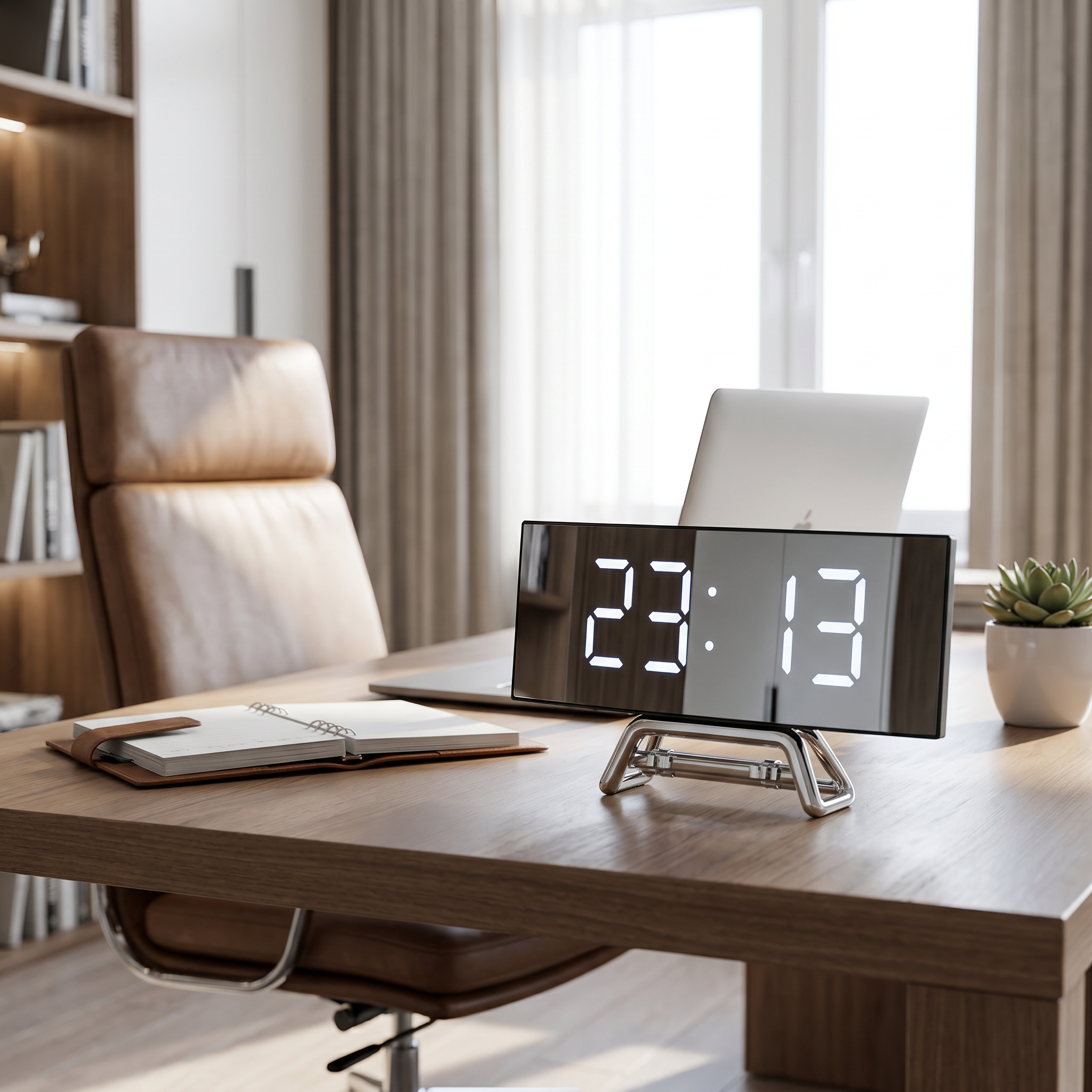 Arco Notte LED alarm clock with white display facing the desk chair in a home office