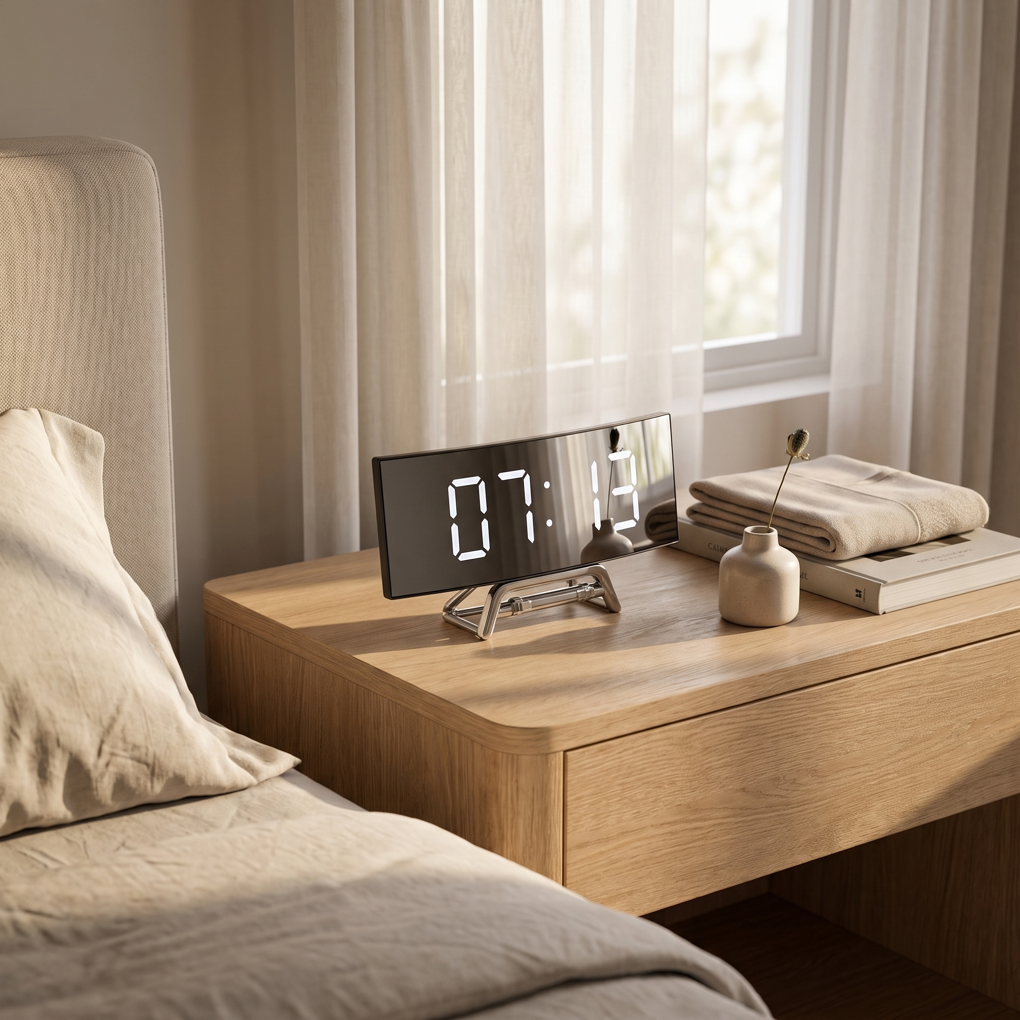 Arco Notte LED alarm clock with white display facing the bed on a bedroom nightstand