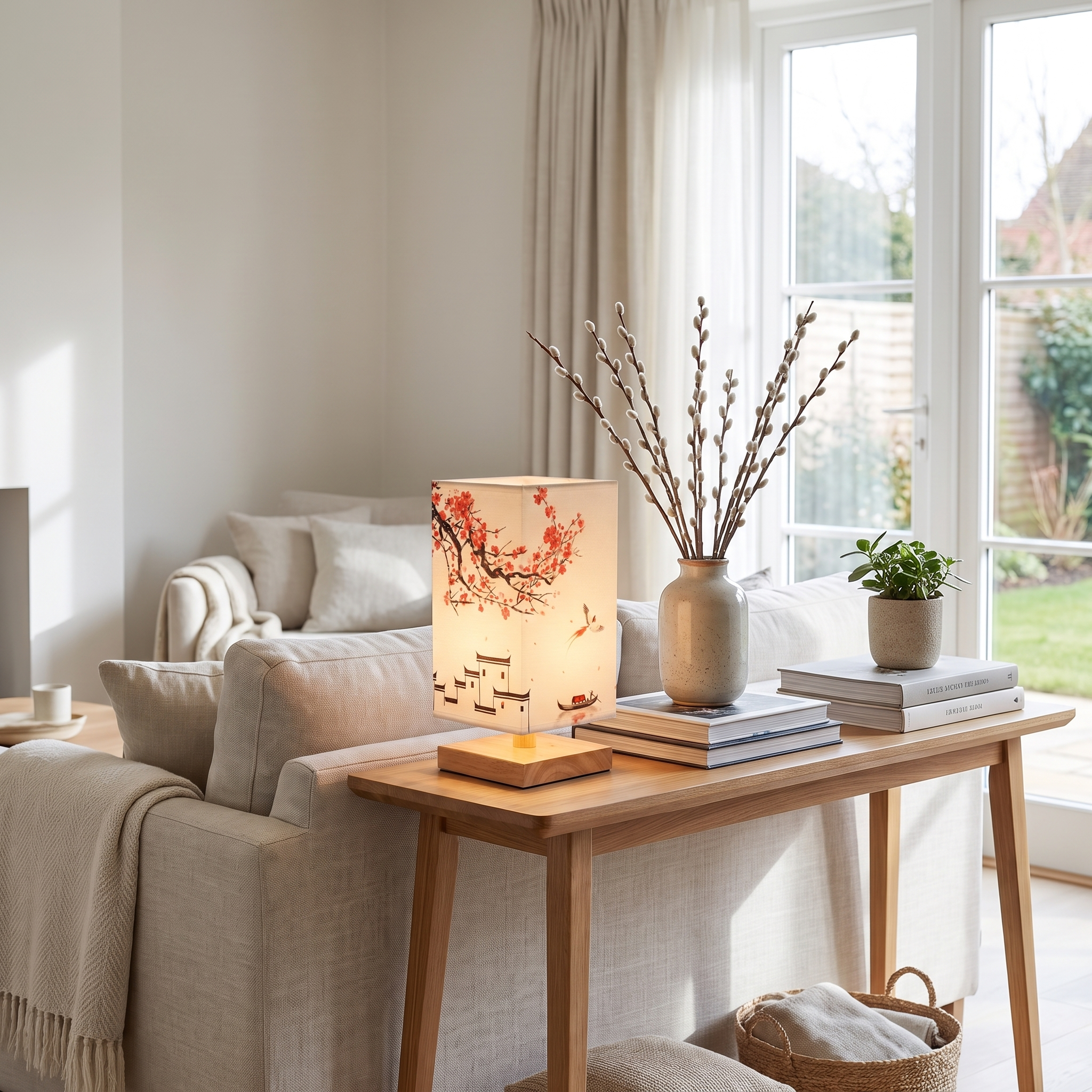 Velura bamboo table lamp red blossom shade on a living room console