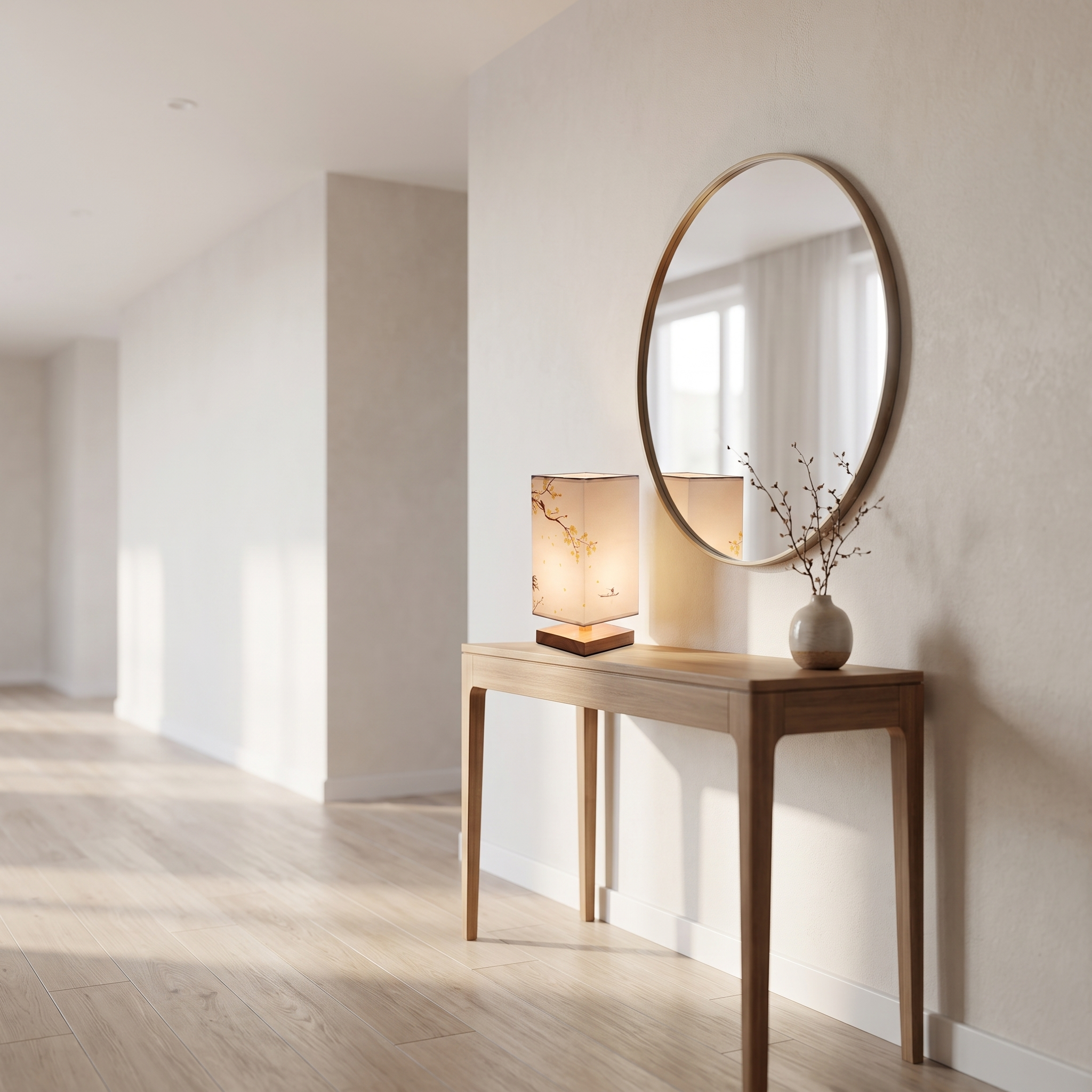 Velura bamboo table lamp yellow blossom shade on an entryway console
