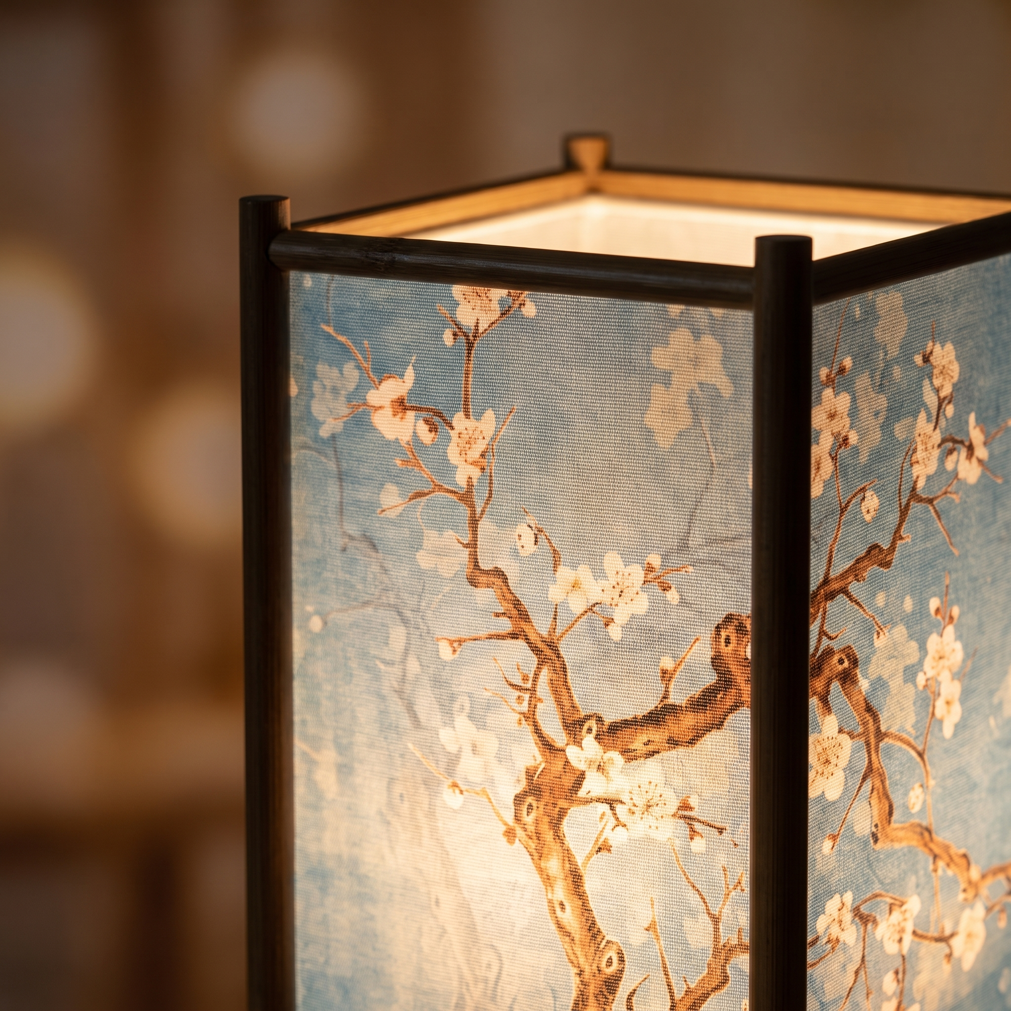 Velura bamboo table lamp close-up of the glowing blue blossom fabric shade