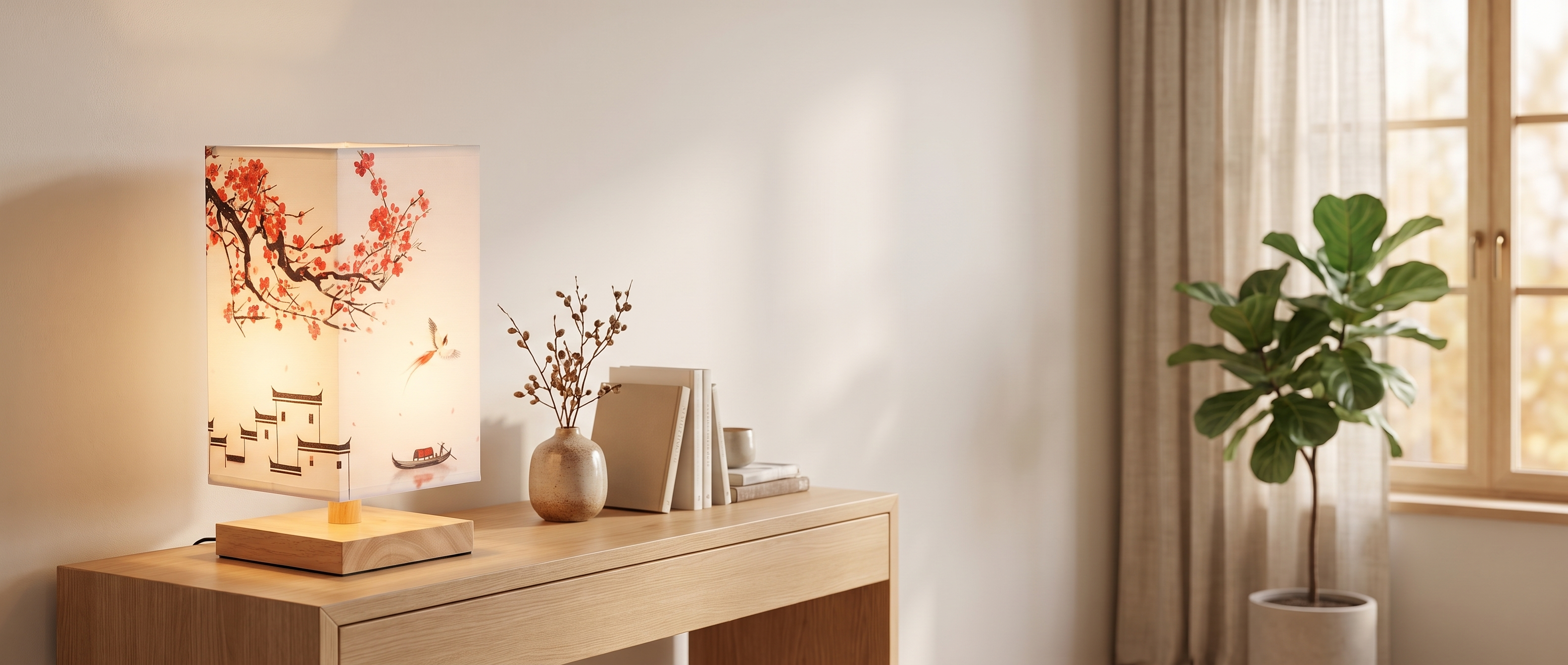 Velura bamboo table lamp red blossom shade banner