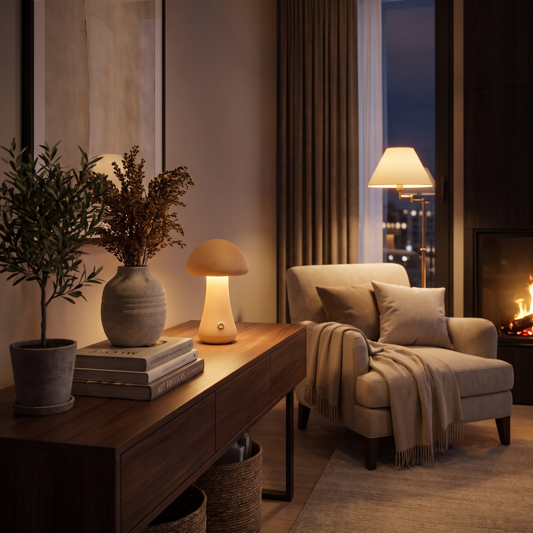 Lunari beech mushroom night lamp glowing on a living room console