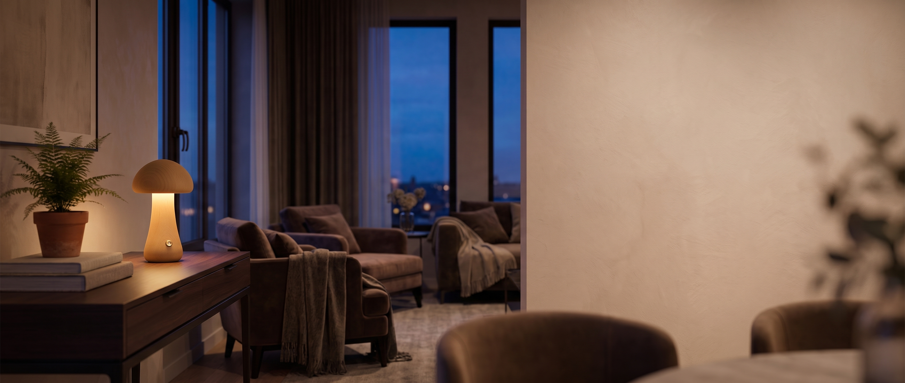 Lunari mushroom night lamp glowing in a cosy living room at dusk