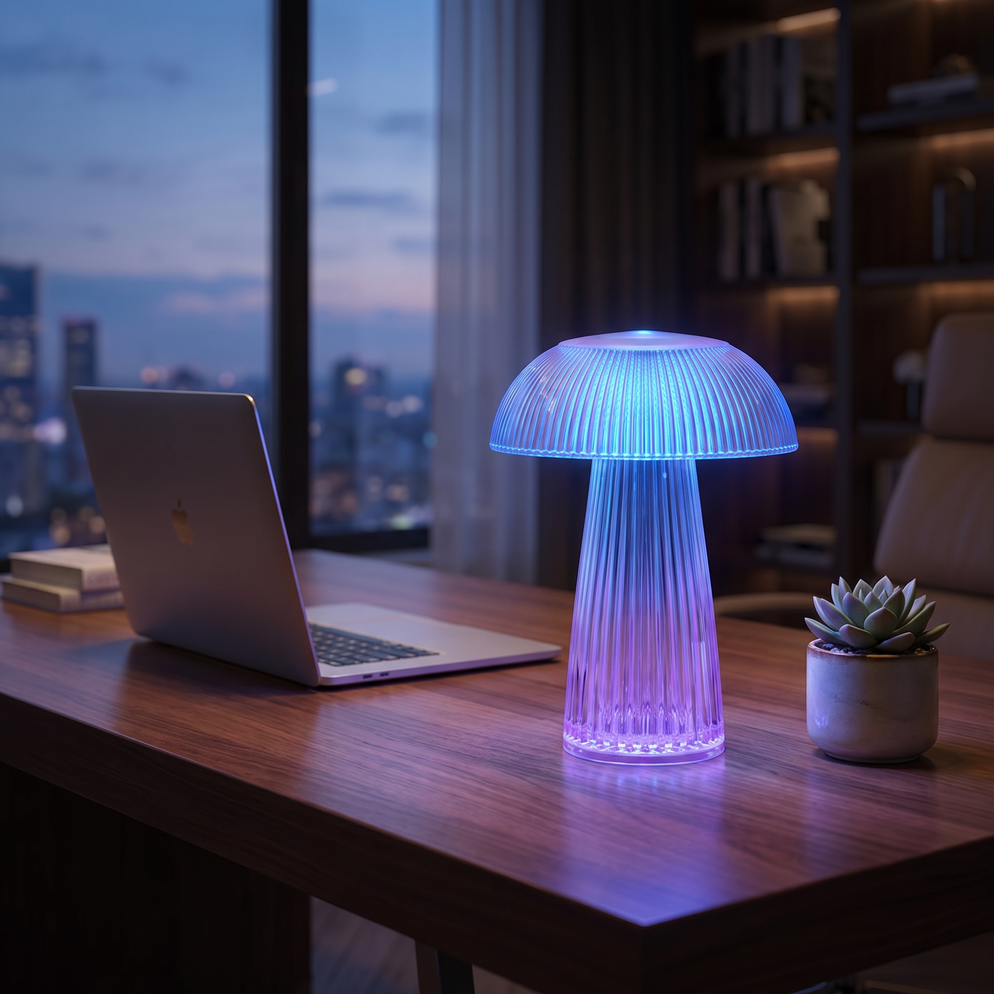 Aqualume jellyfish lamp colorful blue-purple glow on a modern desk