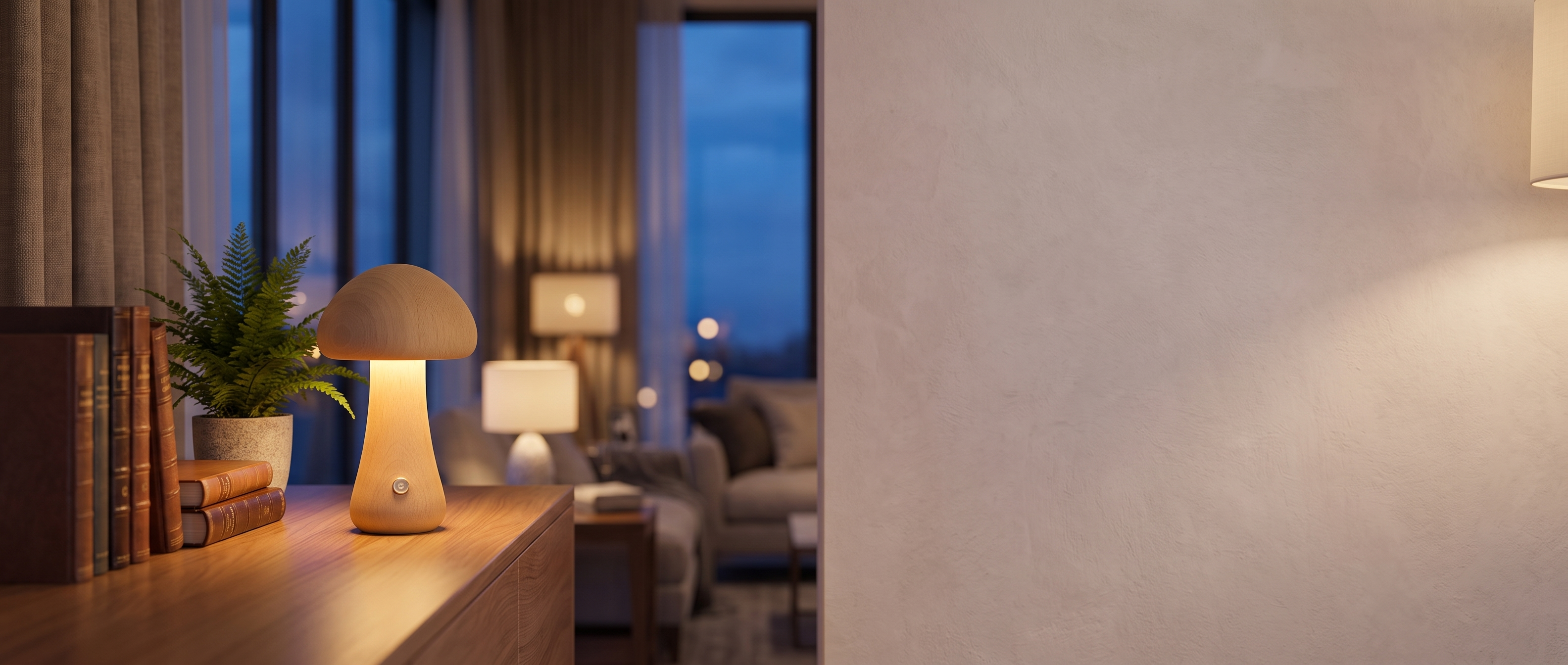Mushroom table lamp glowing warm in a cosy living room at dusk